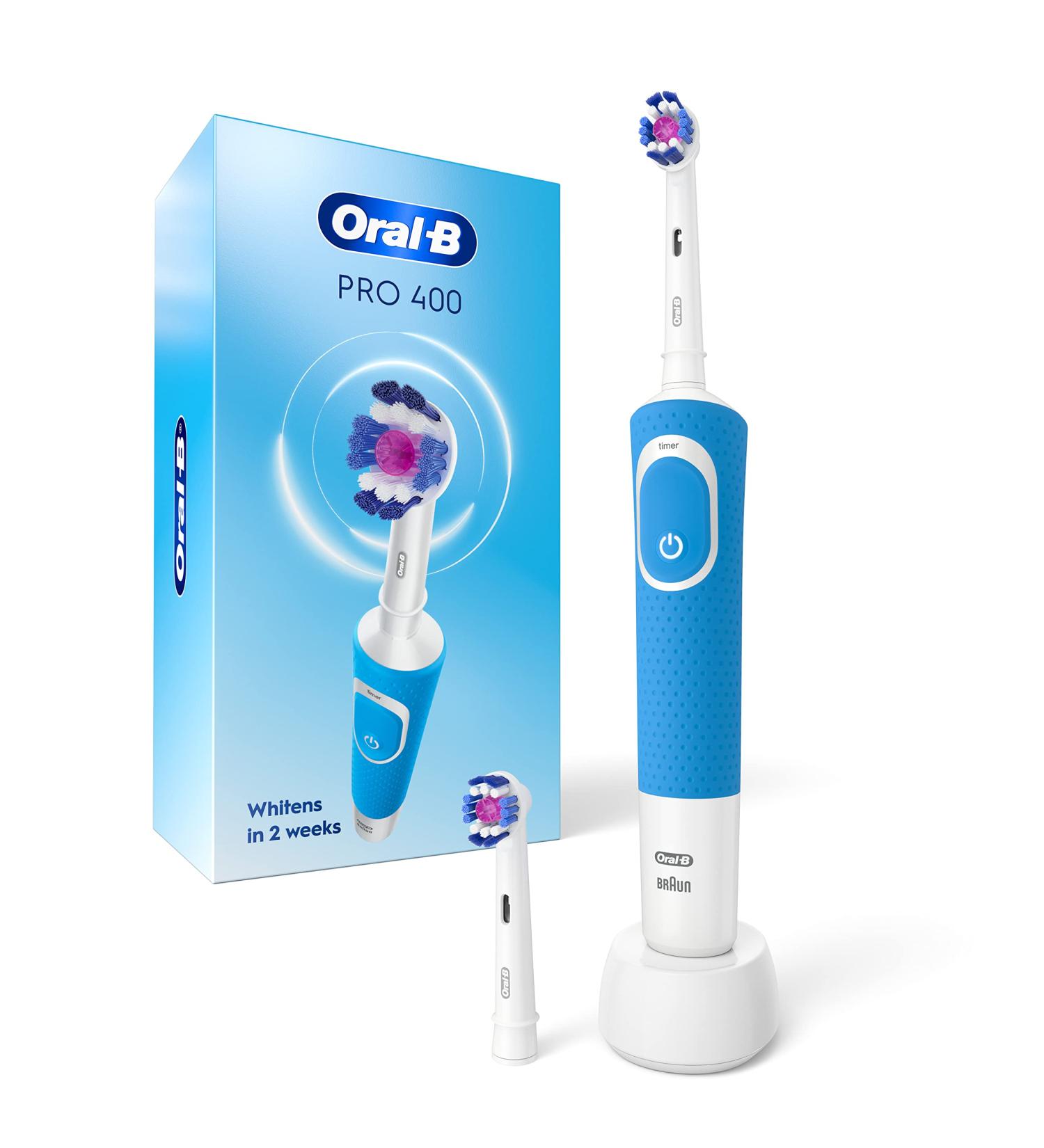 Oral-B Pro 400 3D White Vitality Electric Toothbrush with 2 Brush Heads, Rechargeable - Blue - Buy Online on GoSupps.com