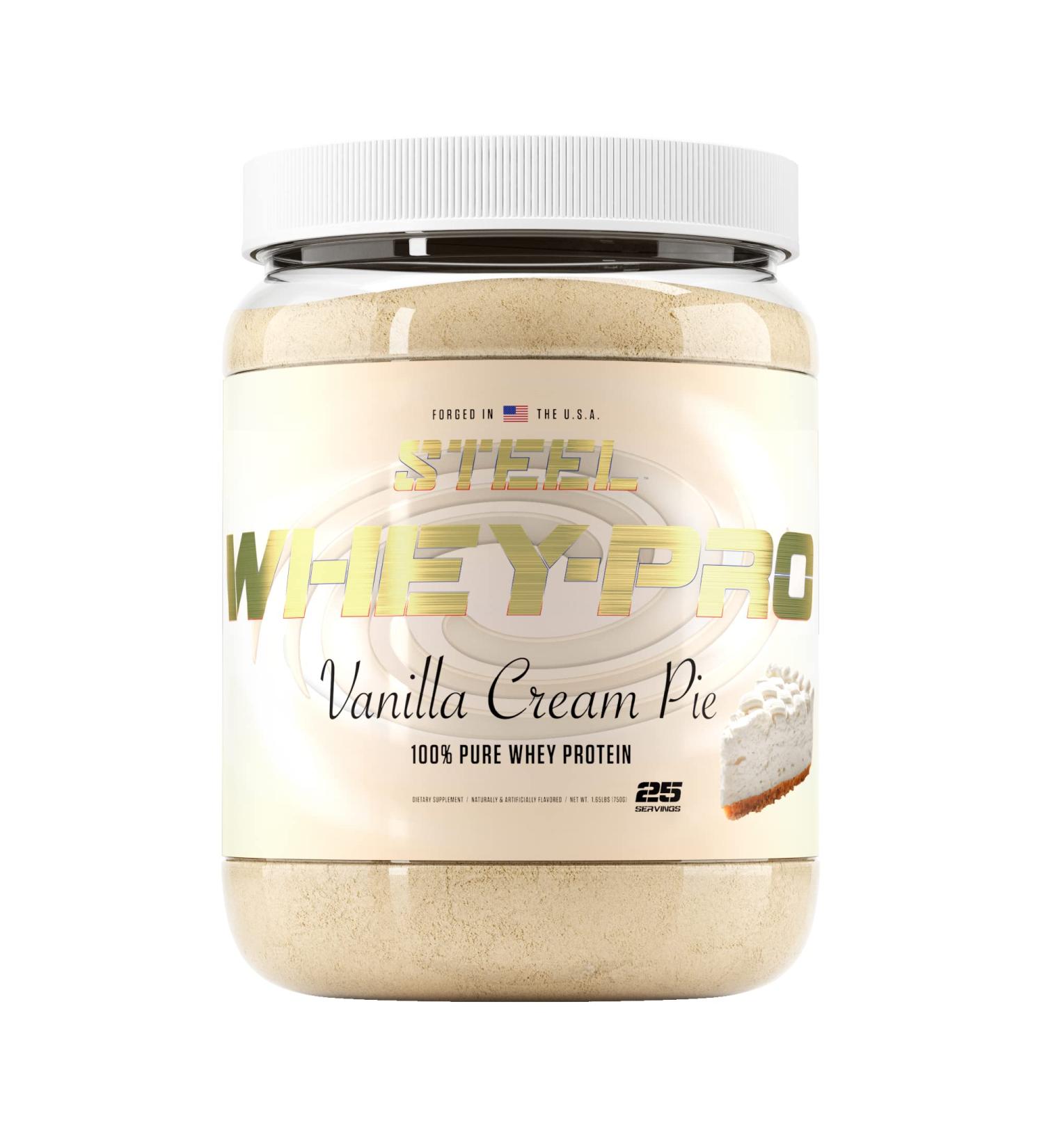 Steel Supplements Whey-Pro Vanilla Cream Pie 1.65 lbs | 100% Whey Protein for Muscle Gain & Recovery | Gluten Free, Non-GMO | BCAA 5g | 25 Servings - Buy Online on GoSupps.com