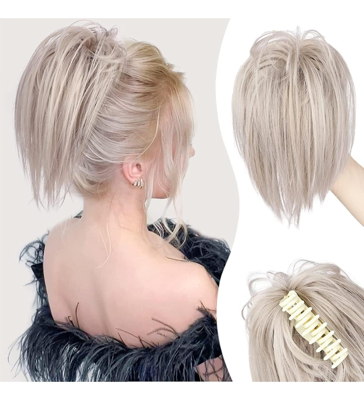 PORSMEER 10 Inch Claw Clip Ponytail Hair Extension in Silver Blonde - Messy Bun Chignon Updo for Women and Girls - Buy Online on GoSupps.com
