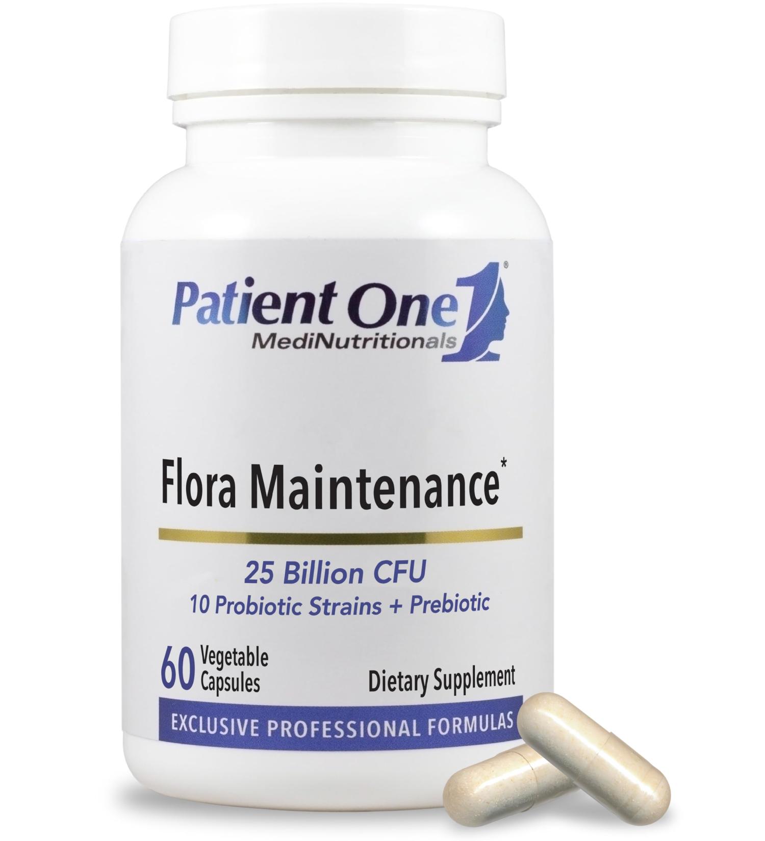 Patient One Flora Maintenance | Probiotic Supplement to Aid Balanced Intestinal Flora* | 25 Billion CFU 10 Probiotic Strains Prebiotic | 60 Capsules - Buy Online on GoSupps.com