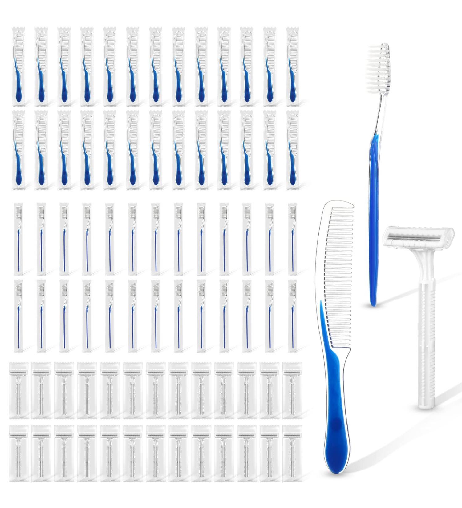 150 Pcs Disposable Toothbrushes, Comb Razors - Individually Wrapped Travel Kit for Homeless, Hotels, Nursing Homes - Soft Bristles, Stainless Steel Blades - Buy Online on GoSupps.com