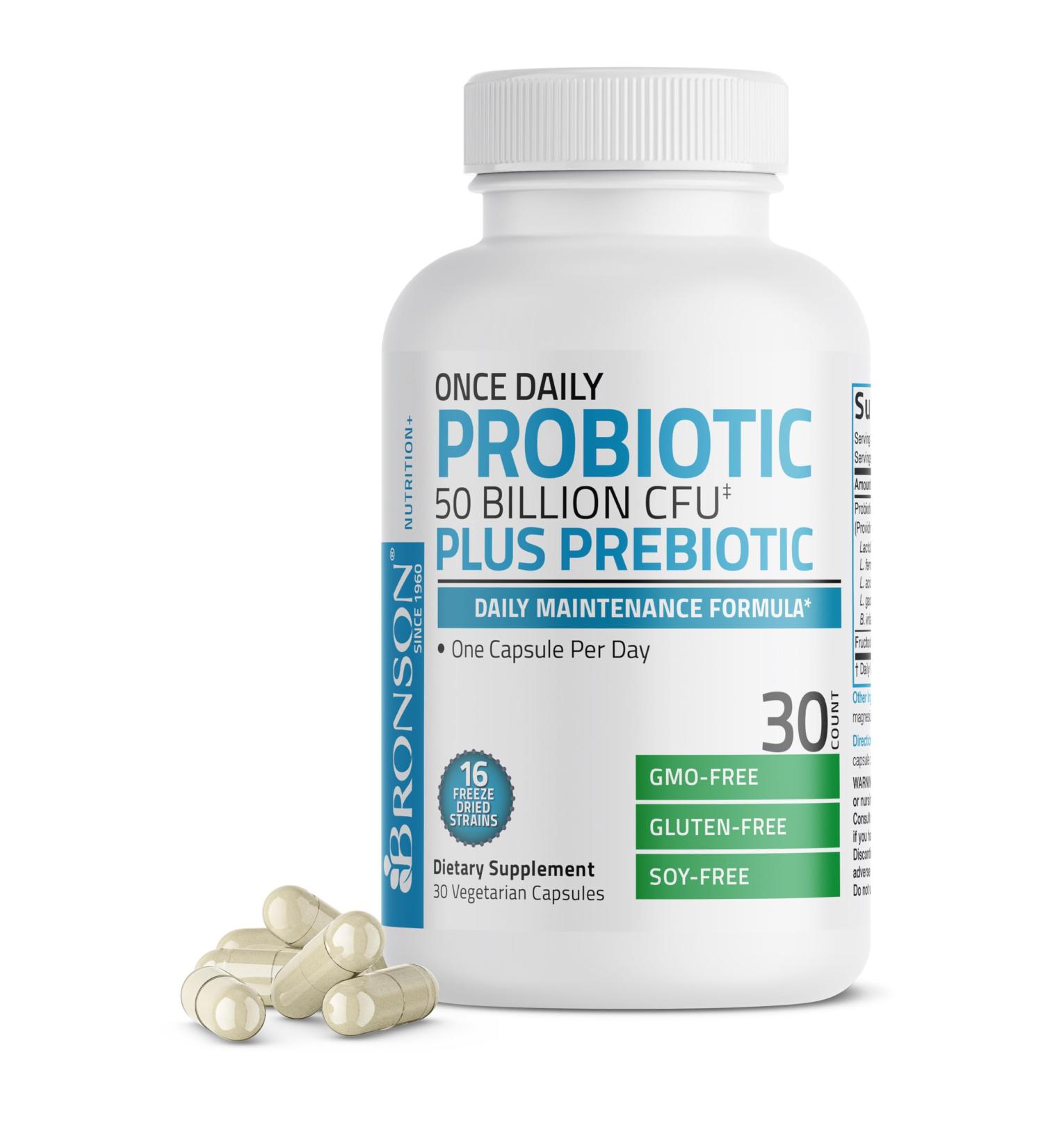 Bronson Once Daily Probiotic 50 Billion CFU Plus Prebiotic Daily Maintenance Formula One Capsule Per Day Non-GMO, 30 Vegetarian Capsules - Buy Online on GoSupps.com
