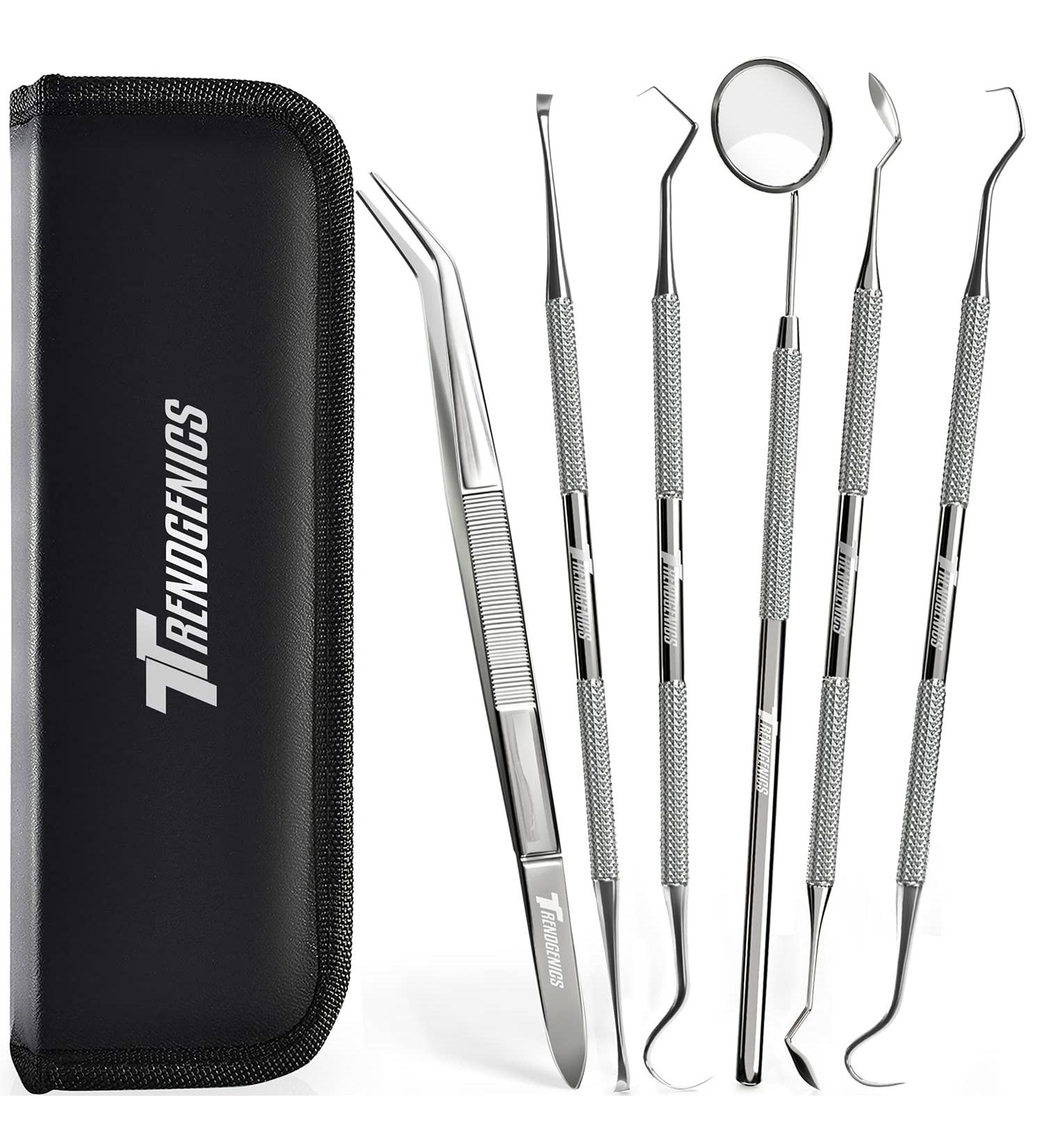 TrendGenics Dental Tools Professional Cleaning Kit - 6Pcs Set for Plaque & Calculus Removal - Stainless Steel Hygiene Dentist Set with Black Case - Ideal for Home & Oral Use - Buy Online on GoSupps.com