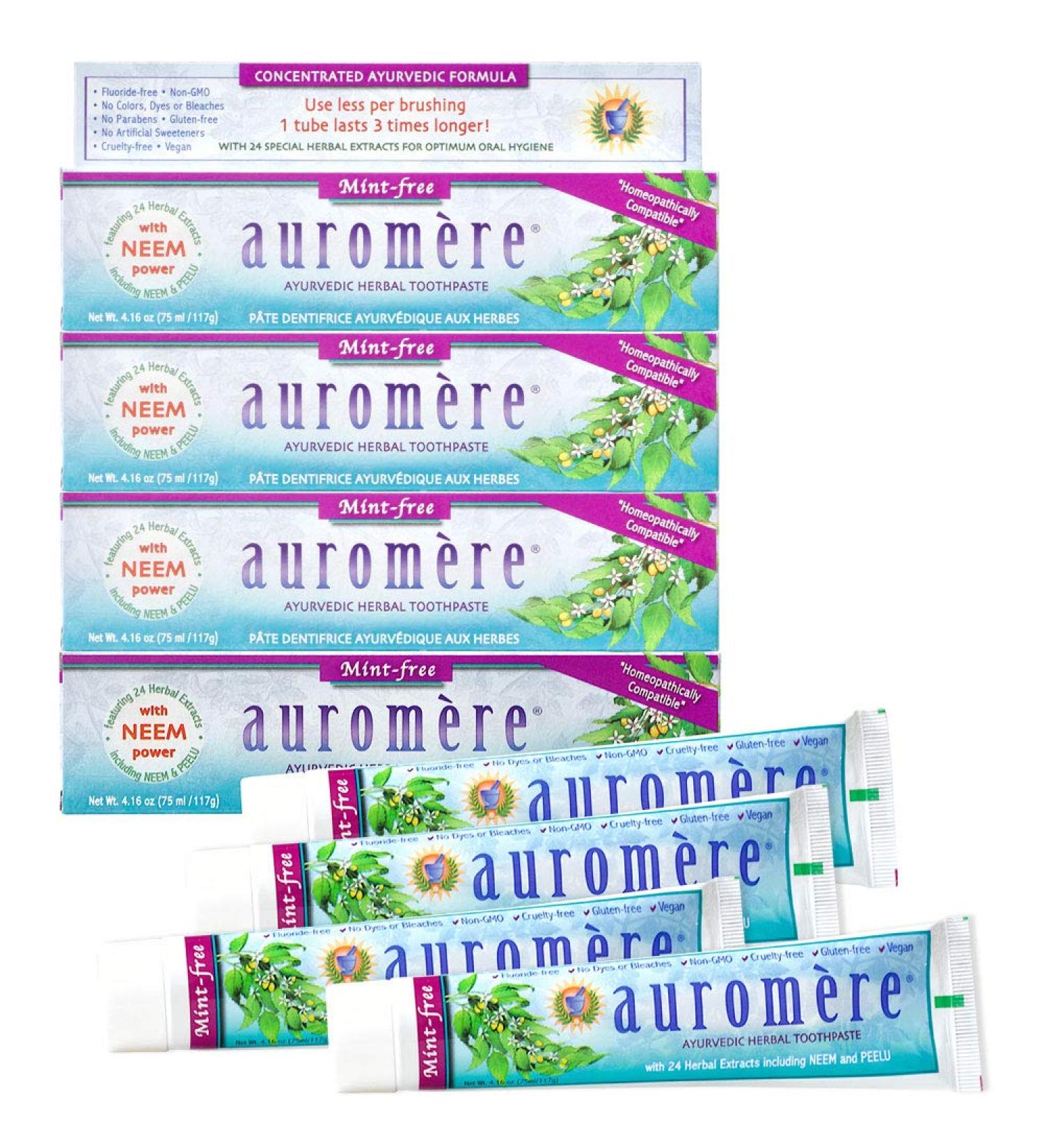 Auromere Ayurvedic Herbal Toothpaste Mint Free - Vegan Natural Non GMO Fluoride Free | Neem, Peelu | 4.16 oz (Pack of 4) - Buy Online on GoSupps.com