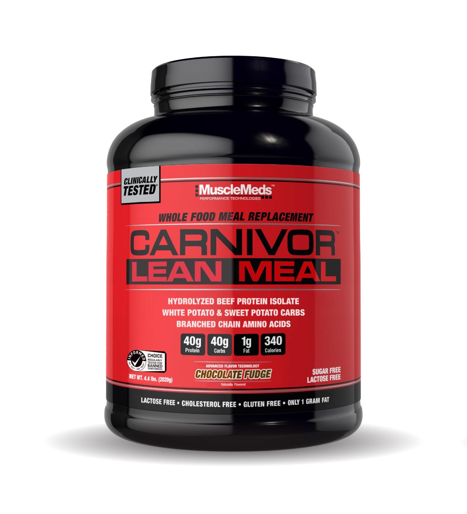 MuscleMeds CARNIVOR Lean Meal Whole Food Meal Replacement Shake MRE Beef Protein Isolate White Potato Sweet Potato 40g Protein 40 g Carbs Lactose Free Sugar Free Chocolate Fudge 20 Servings Chocolate Fudge 4.34 Pou  - Buy Online on GoSupps.com