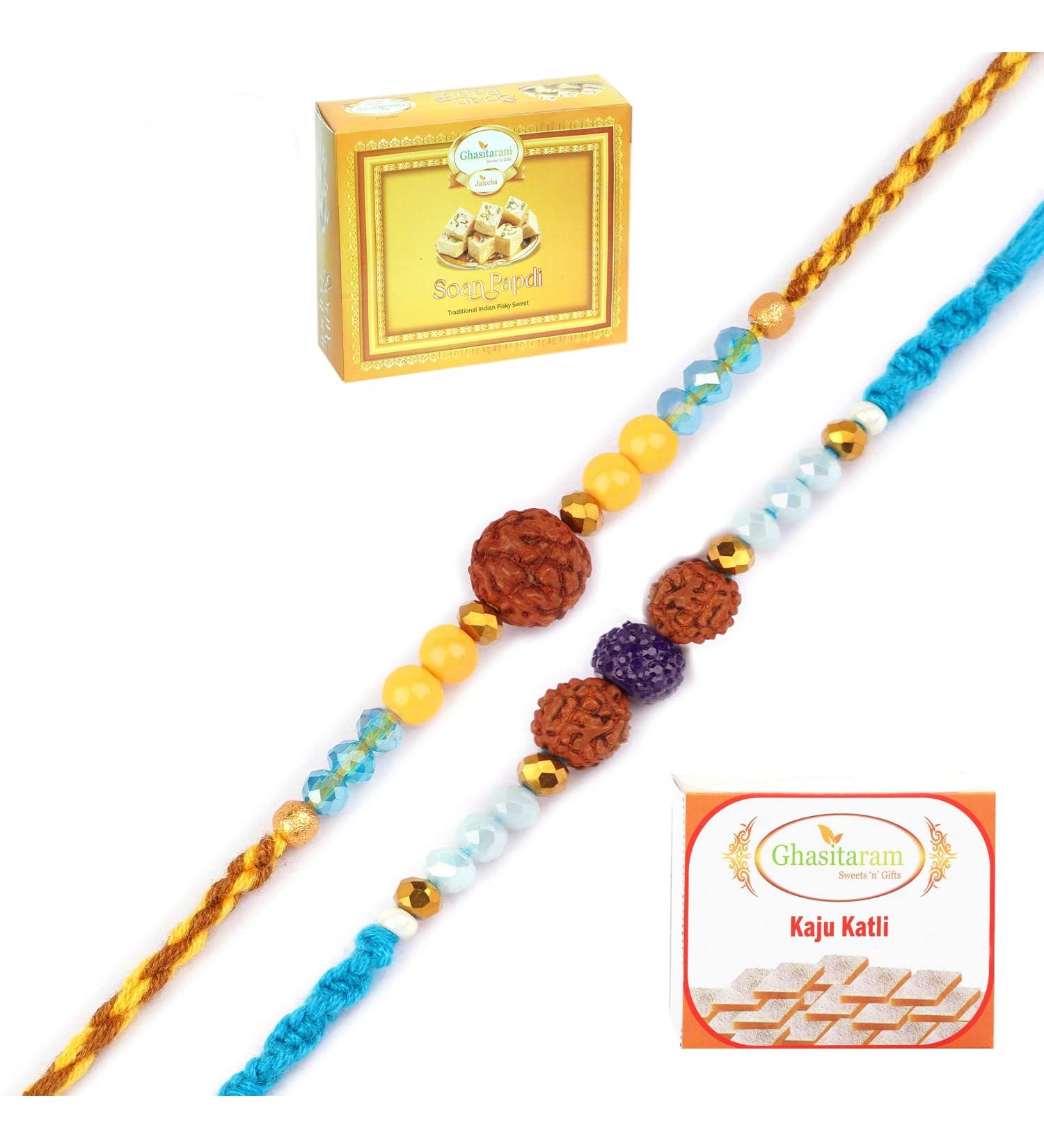 Ghasitaram Gifts Rakhi for Brother Rakhis Online - Set of 2-1906 and 1907 Rudraksh Rakhis with 200 GMS of Kaju katli and 200 GMS of Soan Papdi - Buy Online on GoSupps.com