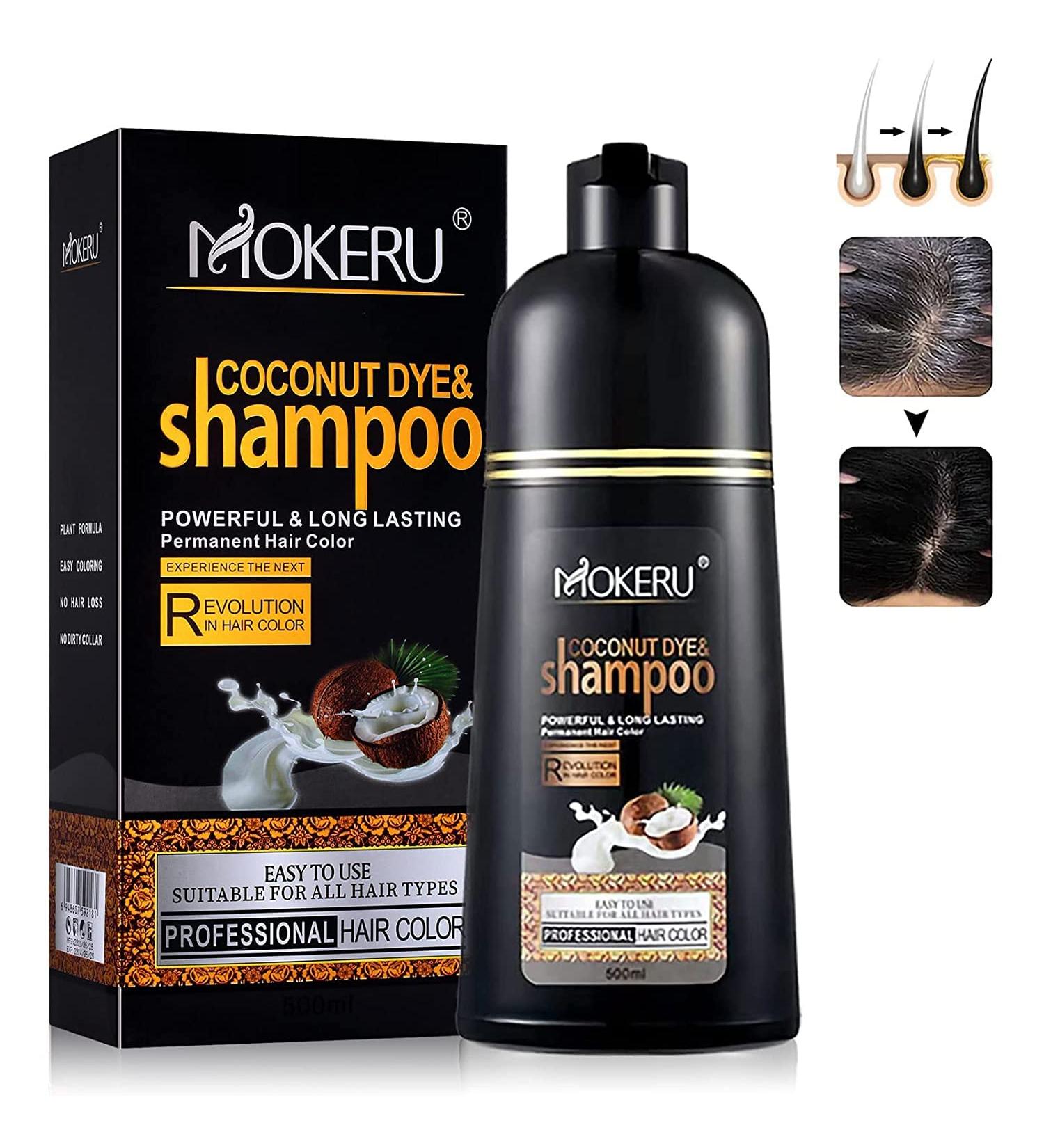 MOKERU Coconut Black Hair Dye Shampoo for Gray Hair - Semi-Permanent Color for Women and Men - 3 in 1 Fast Acting Formula - Long Lasting Results - 100% Grey Coverage - 17.6 Fl oz - Buy Online on GoSupps.com