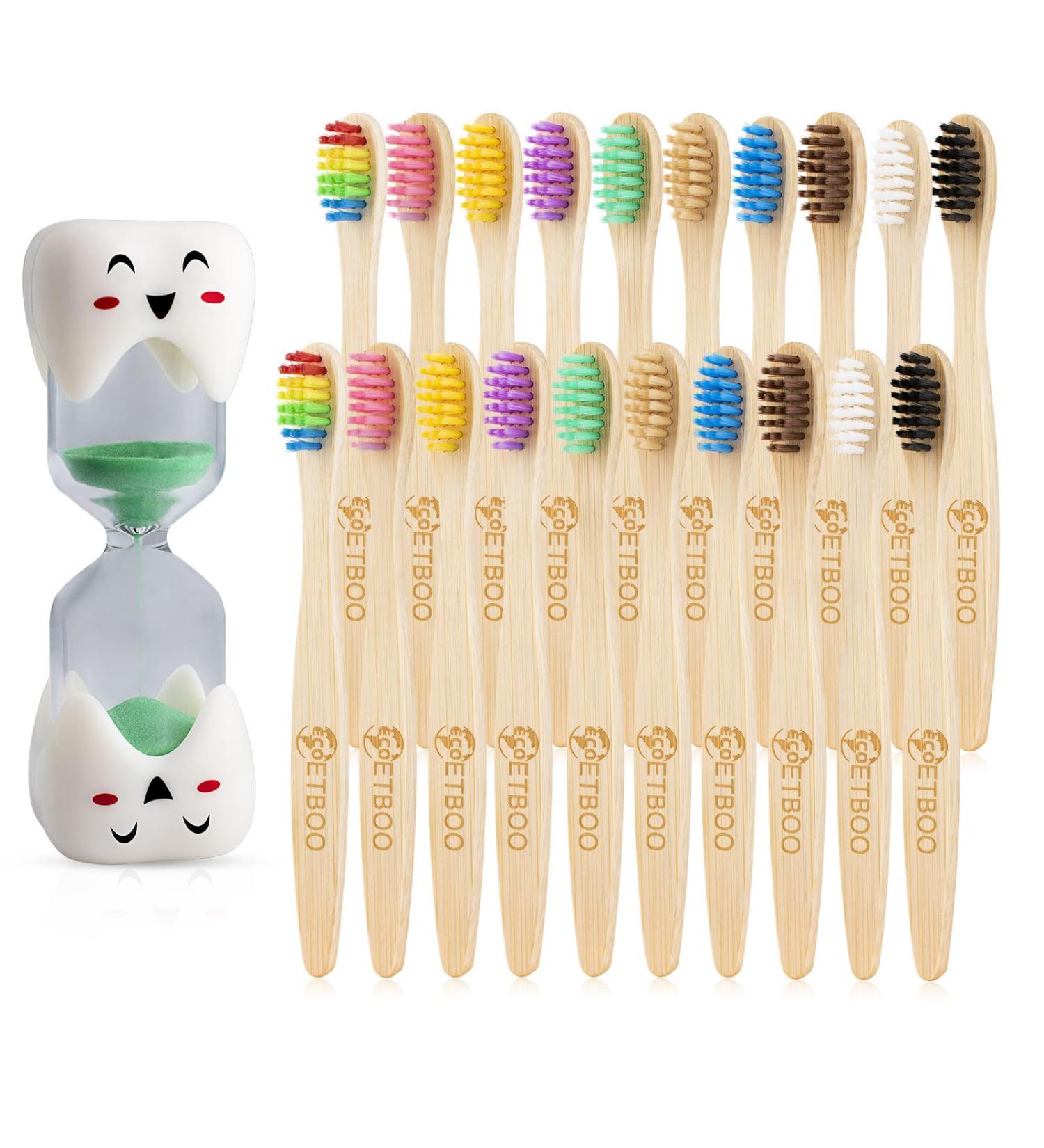 Kids Bamboo Toothbrush 20 Pack with Children's Toothbrush Timer Children's Vegan Natural Wooden Handle Toothbrushes Soft & Gentle Bristles Multicolored 20p With Timer - Buy Online on GoSupps.com