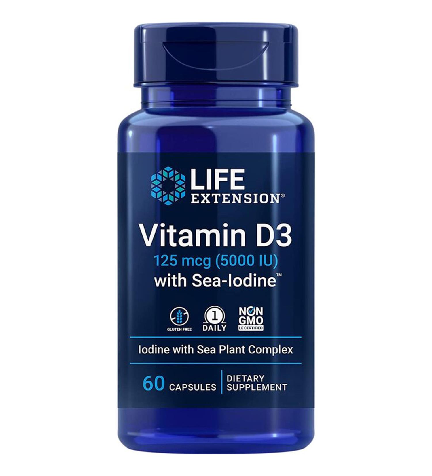 Life Extension Vitamin D3 125mcg (5000 IU) Deposit One Capsule Every 5 Days with Sea Iodine 60 Capsules Gluten Free Soy-Free Non-GMO - Buy Online on GoSupps.com