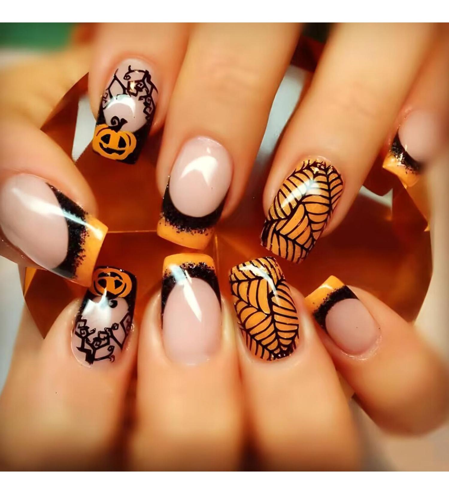 Buy Halloween Press On Nails - Medium Square Black & Yellow French Tips with Pumpkin & Spider Web - 24 Pcs Glossy Fake Nails for Women - Buy Online on GoSupps.com