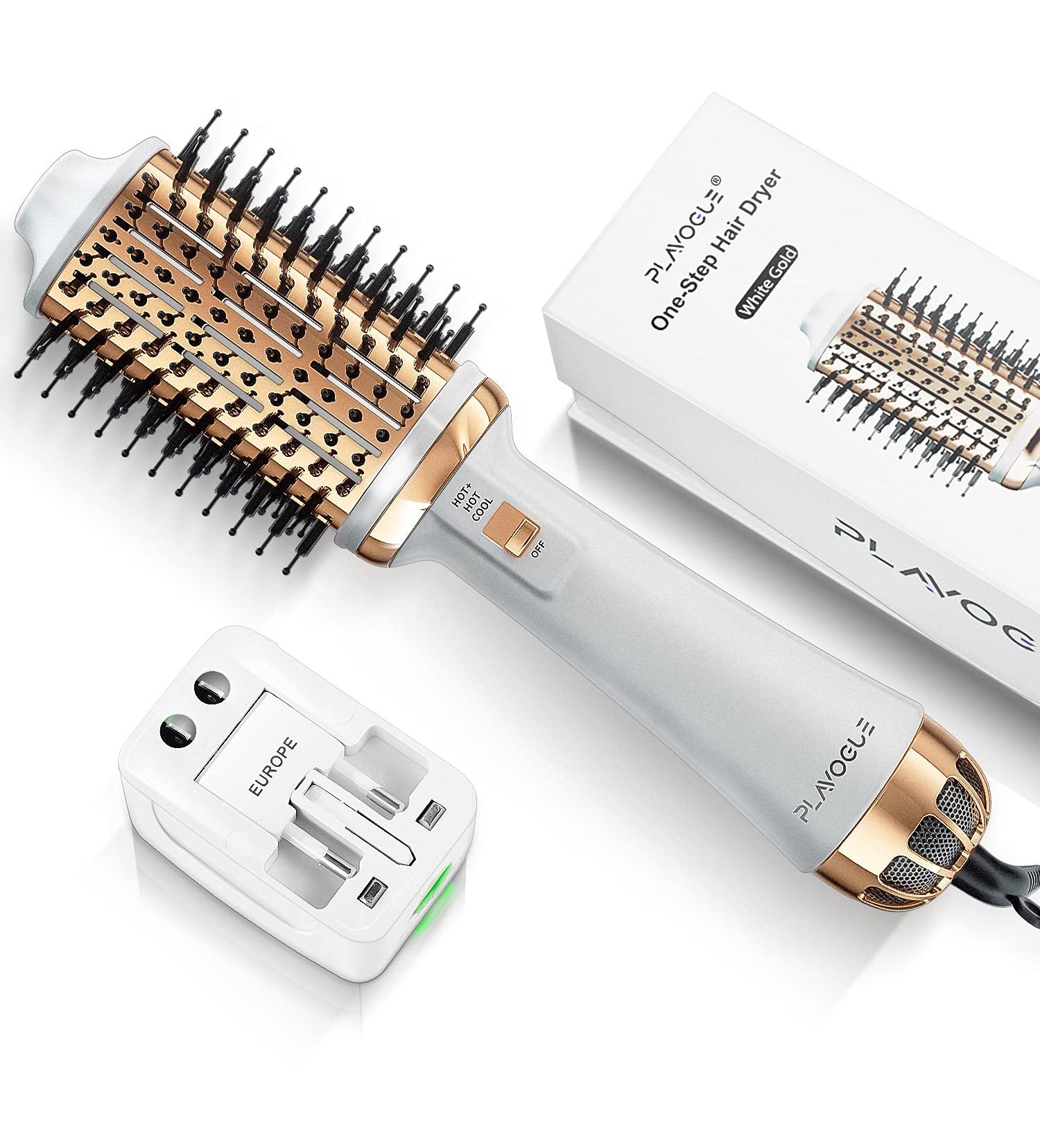 Plavogue Dual Voltage Hair Dryer Brush Volumizer - One-Step Hot Air Brush for Travel & Salon Blowouts - Negative Ionic Technology - International Upgraded Version - White Gold - Buy Online on GoSupps.com