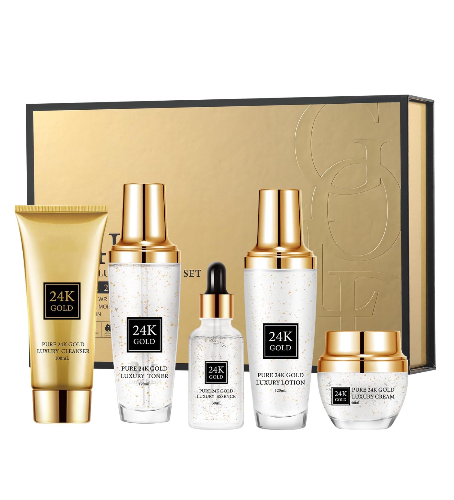 24K Gold Skincare Set 5 Piece Moisturizing Face Skin Care Kit with Facial Cleanser Face Serum Face Cream Face Lotion Face Toner 24K Women Skincare Set For All Skin Types - Buy Online on GoSupps.com