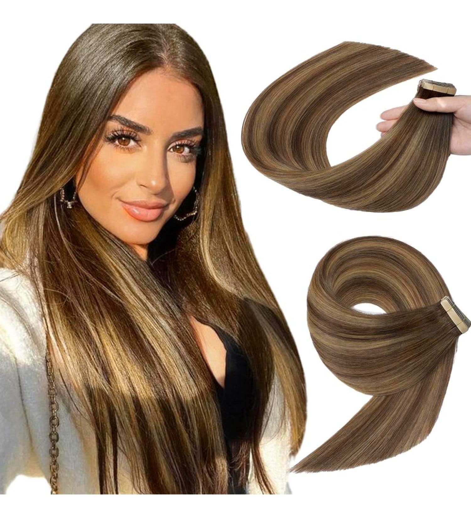 YDDM Tape In Extensions - Real Hair 20Pcs 18inch (45cm) 40g Chocolate Brown with Caramel Blonde - Invisible Tape Hair Extensions - Buy Online on GoSupps.com