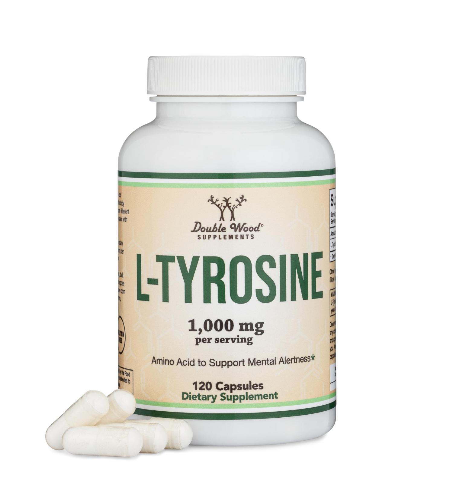 L-Tyrosine 1,000mg per Serving 120 Veggie Capsules (L Tyrosine Supplement for Memory Attention and Focus) Amino Acid Vegan Safe Non-GMO by Double Wood - Buy Online on GoSupps.com