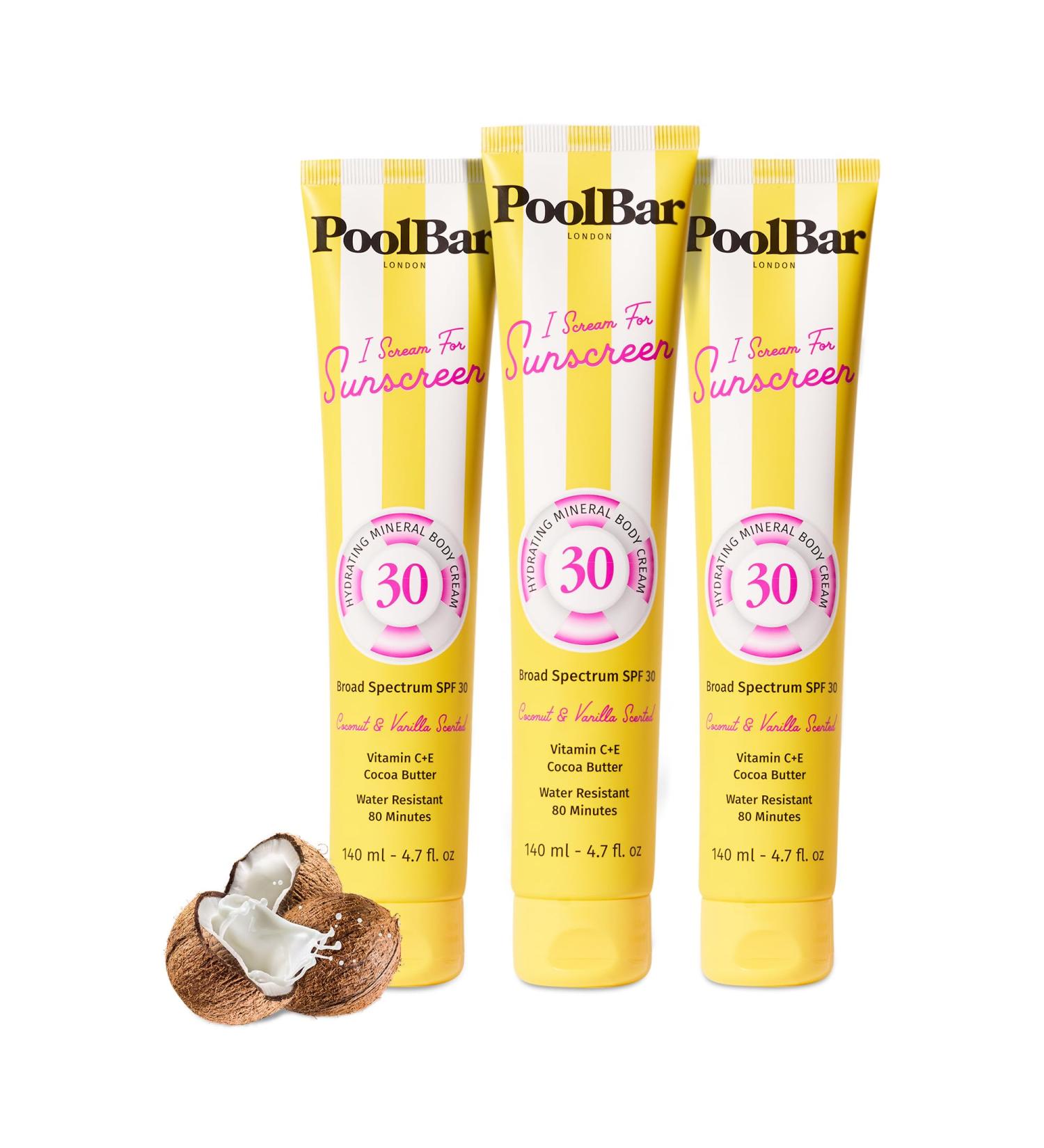 PoolBar SPF 30 Hydrating Mineral Body Sunscreen Cream for Women and Men Skin Care - Coconut Vanilla Scent Sun Care Vegan and Water Resistant Broad Spectrum Sunscreen 140 ml (4.7 Fl. Oz) (Pack of 3) - Buy Online on GoSupps.com