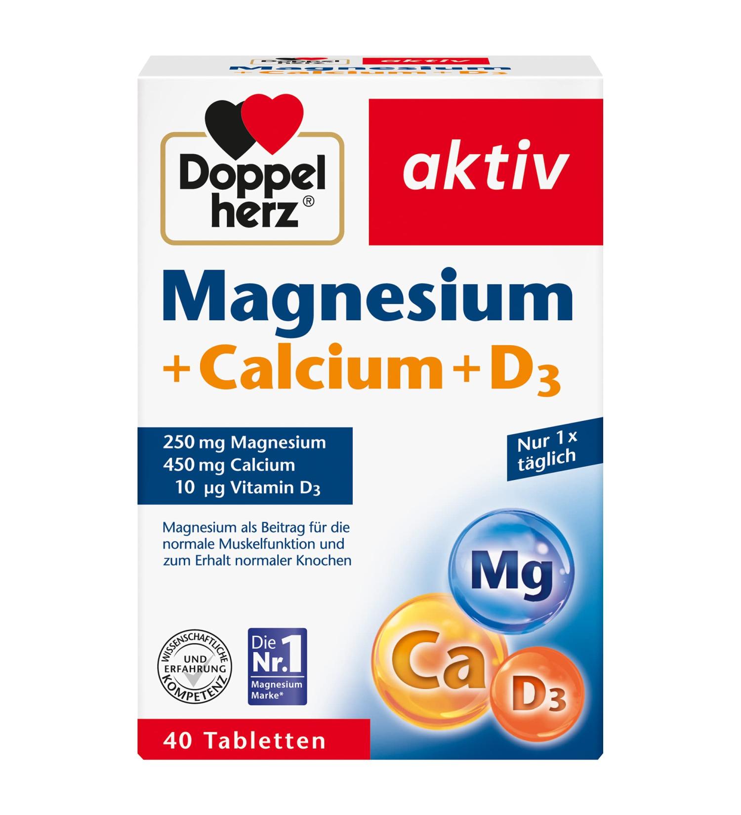 Double Heart Magnesium + Calcium + D3 - Supports Muscle Function & Bone Health - 40 Tablets (77.8g) | International Shipping Available - Buy Online on GoSupps.com