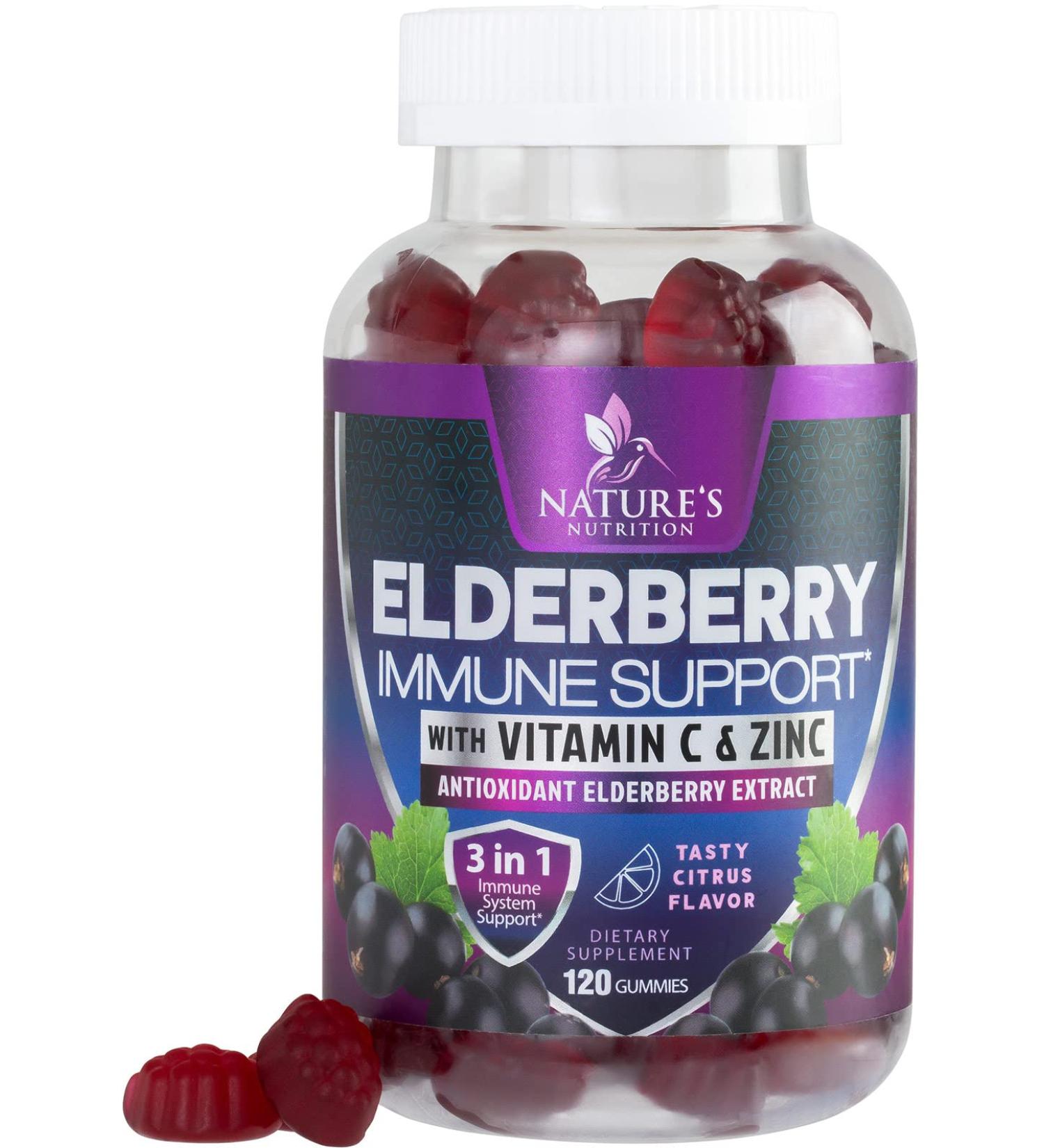 Immune Support Gummies with Elderberry, Zinc & Vitamin C - Vegan Sambucus Black Supplement for Adults & Children - 120 Delicious Gummies - Buy Online on GoSupps.com
