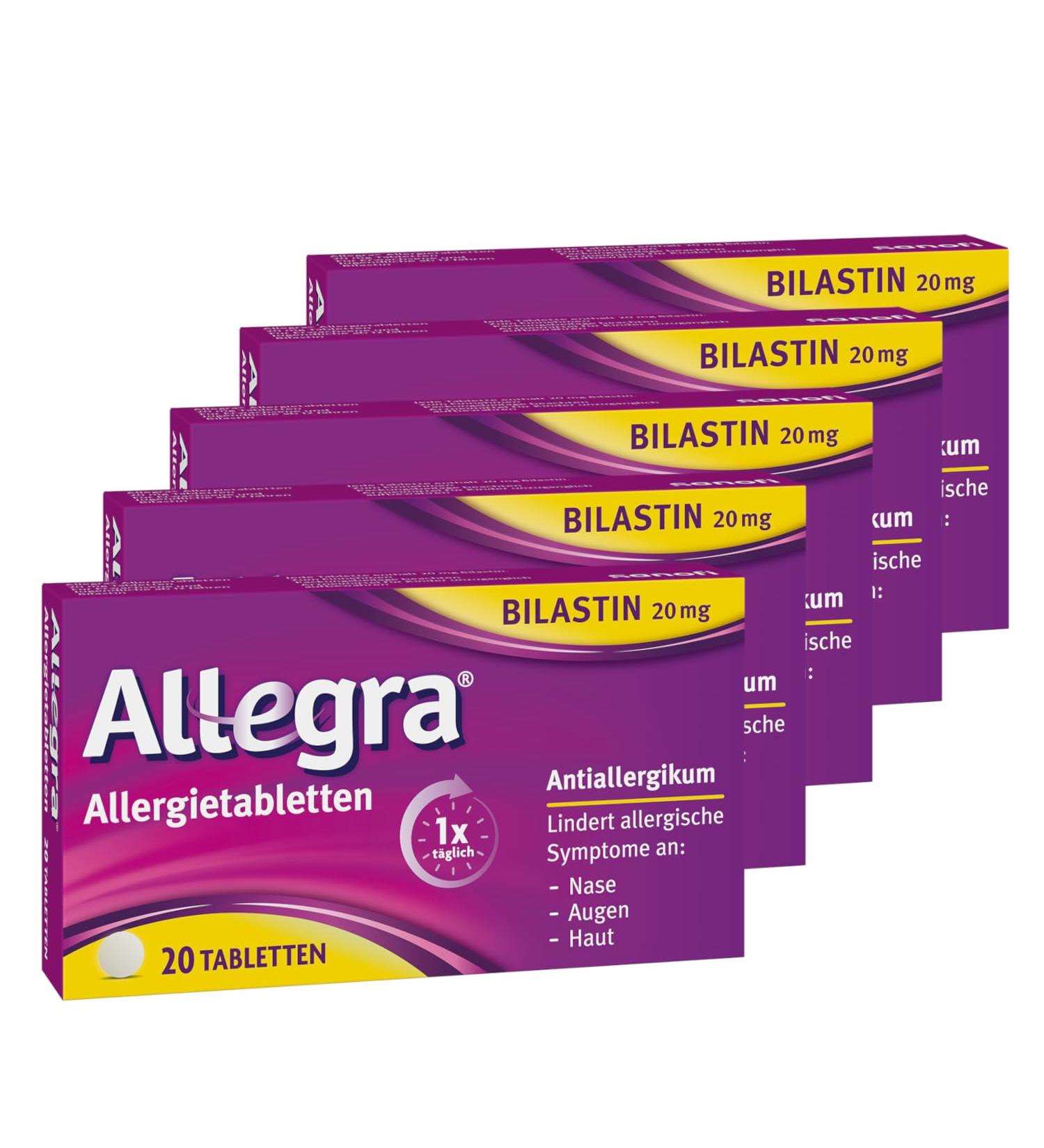 Buy Allegra Allergy Tablets (5 x 20 Pieces) Fast 24-Hour Relief from Hay Fever & Allergies - Antihistamine with Bilastin for Mold Pet Dander & Urticaria - Buy Online on GoSupps.com