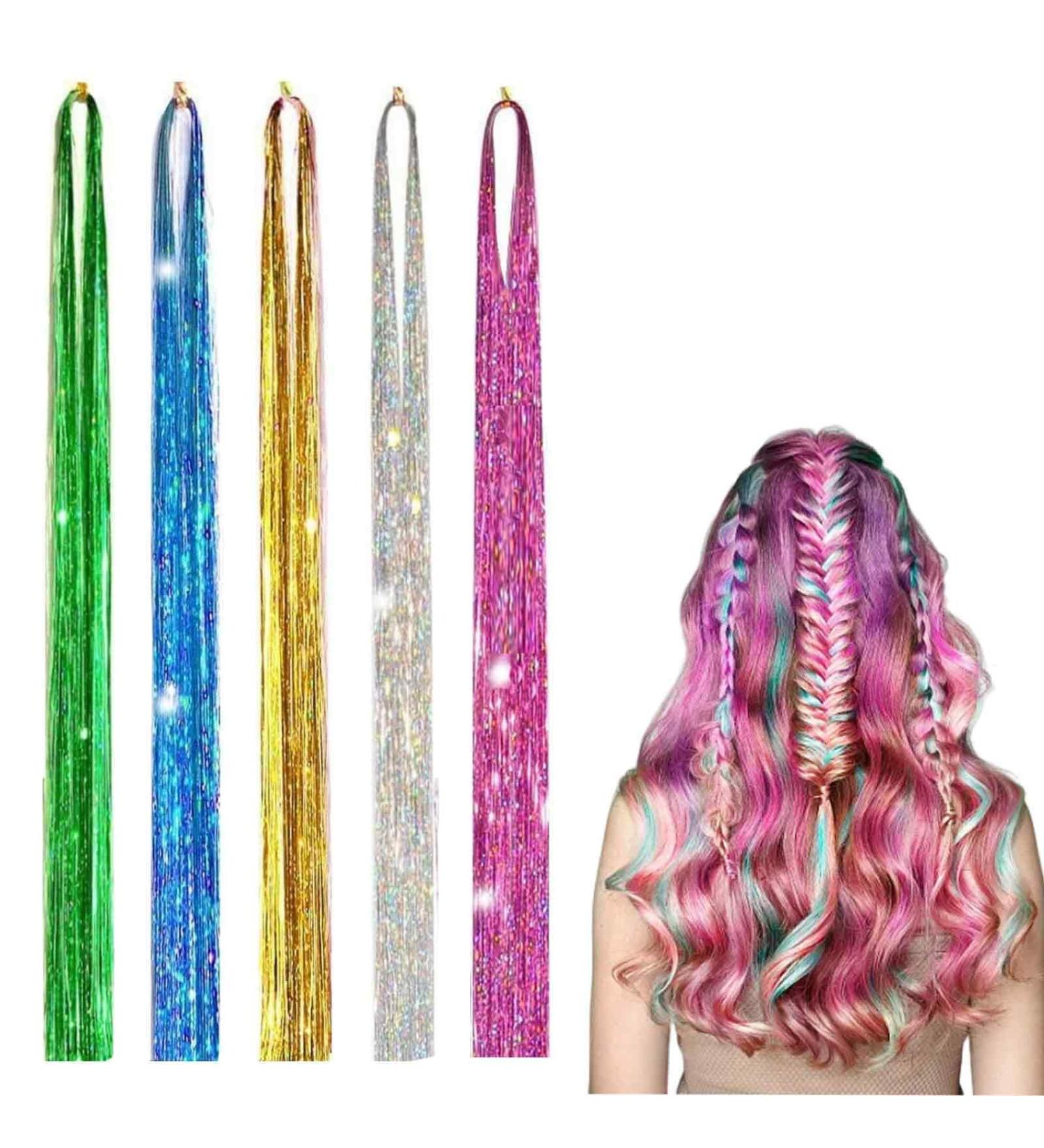 Hair Extensions 5 Colors 1000 Strads Holographic Sparkle Shiny Hair Tinsel Glitter Resistant Tinsel Hair Accessories for Girls Decoration 120cm (Gold Silver Green Pink Blue) - Buy Online on GoSupps.com