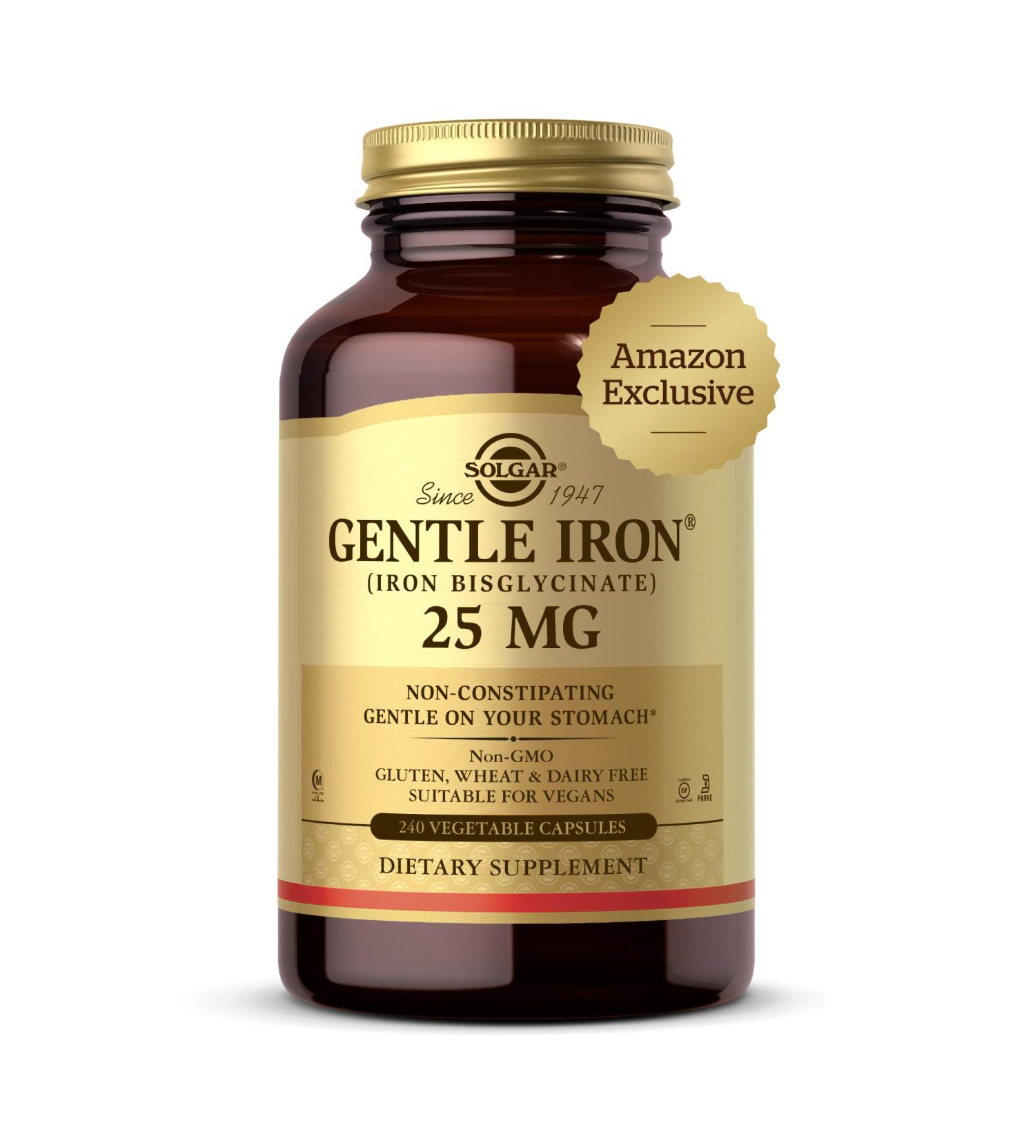 Solgar Gentle Iron 240 Vegetable Capsules - Non-Constipating Red Blood Cell Supplement - Non GMO, Vegan, Gluten & Dairy Free - Kosher - 240 Servings - Buy Online on GoSupps.com
