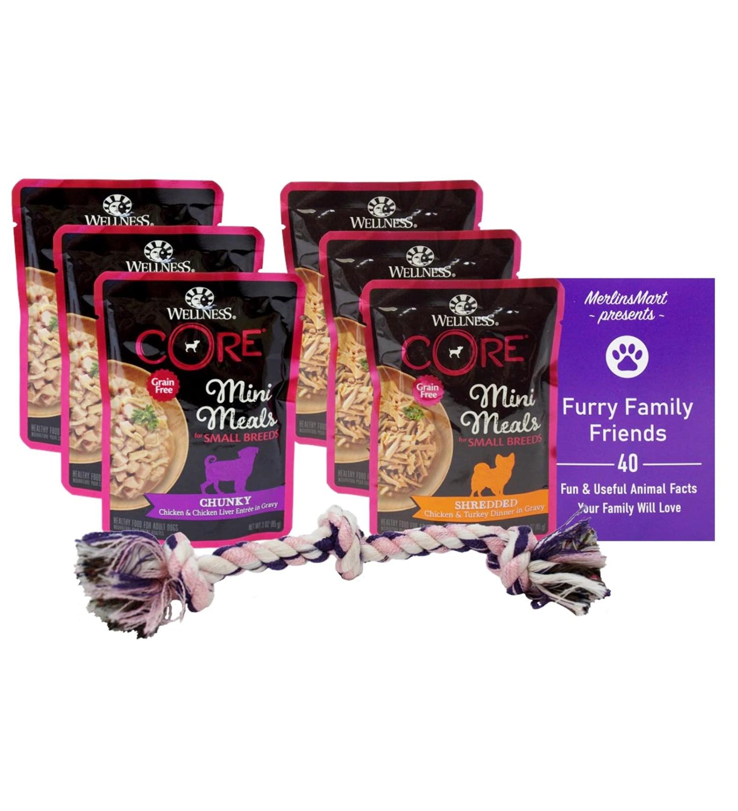 Wellness Core Mini Meals Small Breed Dog Food Variety Pack - 6 Pouches, 2 Flavors - Chunky Chicken Liver, Shredded Chicken Turkey Gravy - 3 Ounces Each - Includes Rope Toy and Fun Facts Booklet - Buy Online on GoSupps.com