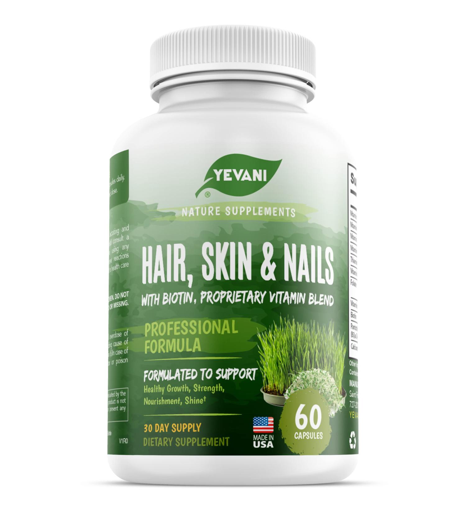 YEVANI 100% Pure Hair Skin and Nails Vitamins with Biotin Super Blend Formula Designed to Support Radiant Beauty Hair Skin and Nail Health for Both Women and Men - Buy Online on GoSupps.com