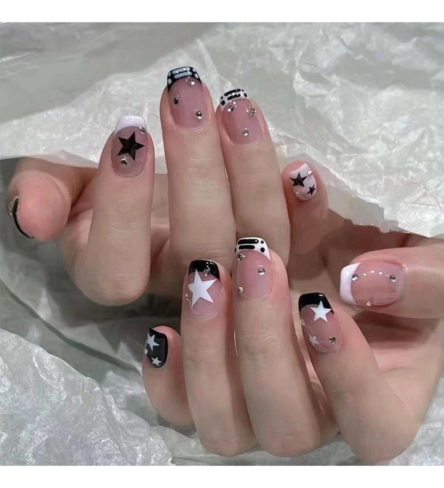 French Tip Press on Nails - Short Square Black & White Star Rhinestones | Reusable Glossy Full Cover Artificial Nails for Women - Buy Online on GoSupps.com