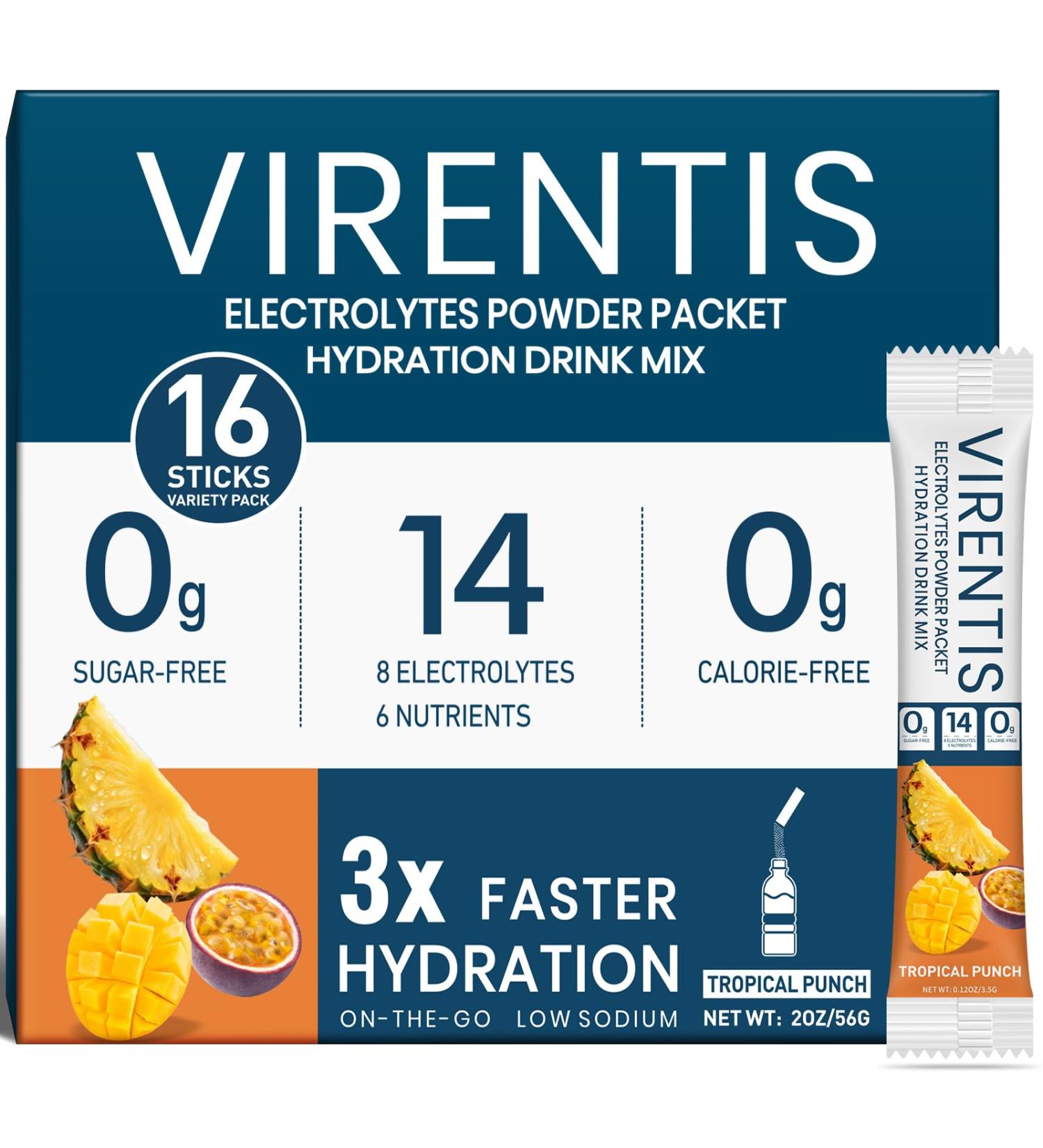 VIRENTIS 16 Sticks Electrolytes Powder Packets Sugar Free Hydration Packets, Liquid Daily IV Electrolyte Drink Mix for Rehydration with 8 Electrolytes & 6 Vitamins, 0 Calorie,Low Sodium,Tropical Punch - Buy Online on GoSupps.com