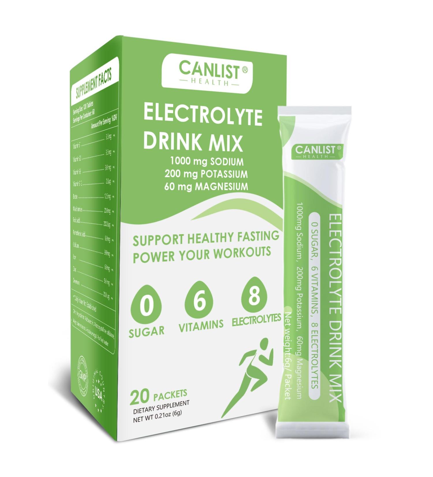 CANLIST Electrolyte Powder - Sugar Free Hydration Drink Mix with Sodium Potassium Magnesium - Vegan Friendly Zero Calorie Electrolytes Supplement for Energy & Recovery (20 Stick Packets) - Buy Online on GoSupps.com