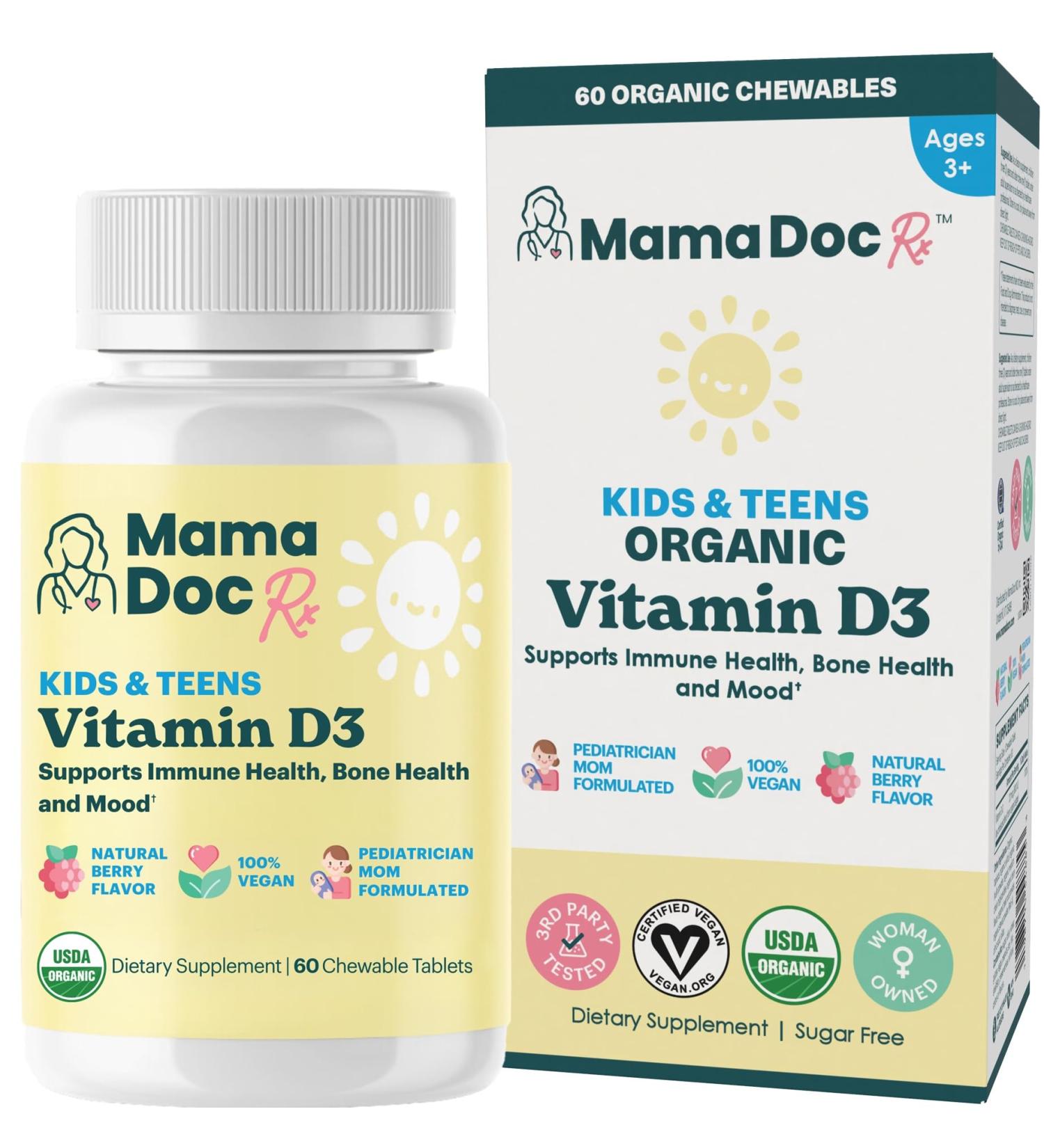 MamaDoc Rx Certified Organic Kids and Teens Whole Food Vitamin D3 Chewables | 800 IU | Sugar Free Vegan Free of 9 Major Allergens | 2 Month Supply | Ages 3+ - Buy Online on GoSupps.com