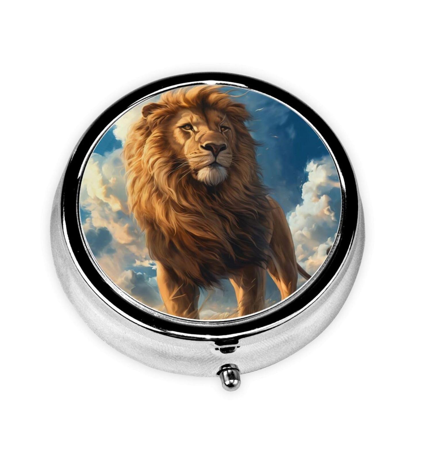 Lion on Grassland Portable Metal Pill Box - Round Mini 3-Compartment Travel-Friendly Design for Small Pills Black - International Shipping Available - Buy Online on GoSupps.com