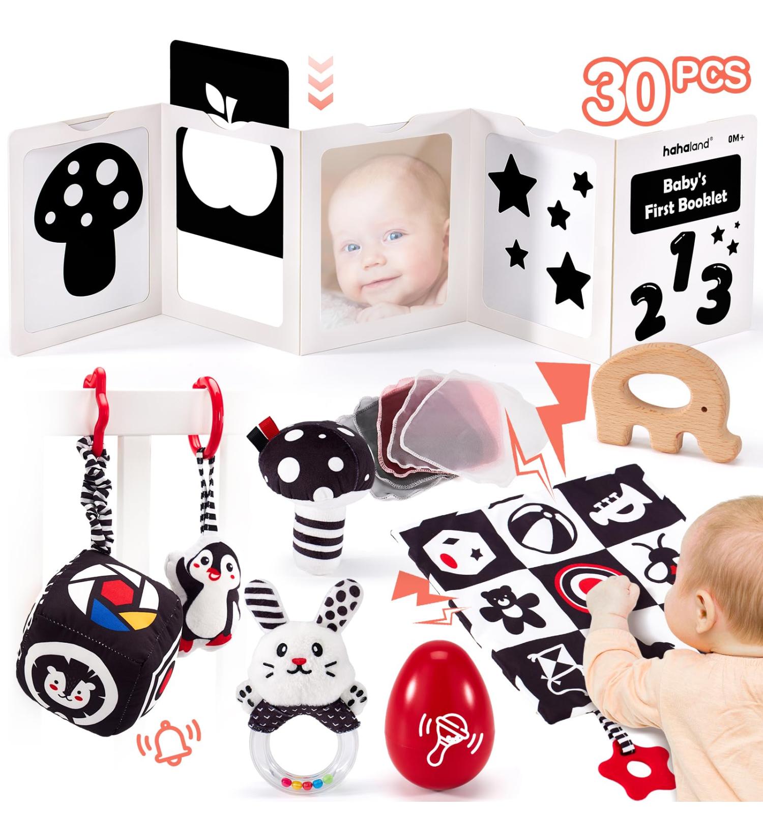 Hahaland Baby Toys 0-6 Months | 30 TLG Black & White Educational Set | Montessori Fabric Book & Stroller Toys | Brain Development Gift - Buy Online on GoSupps.com