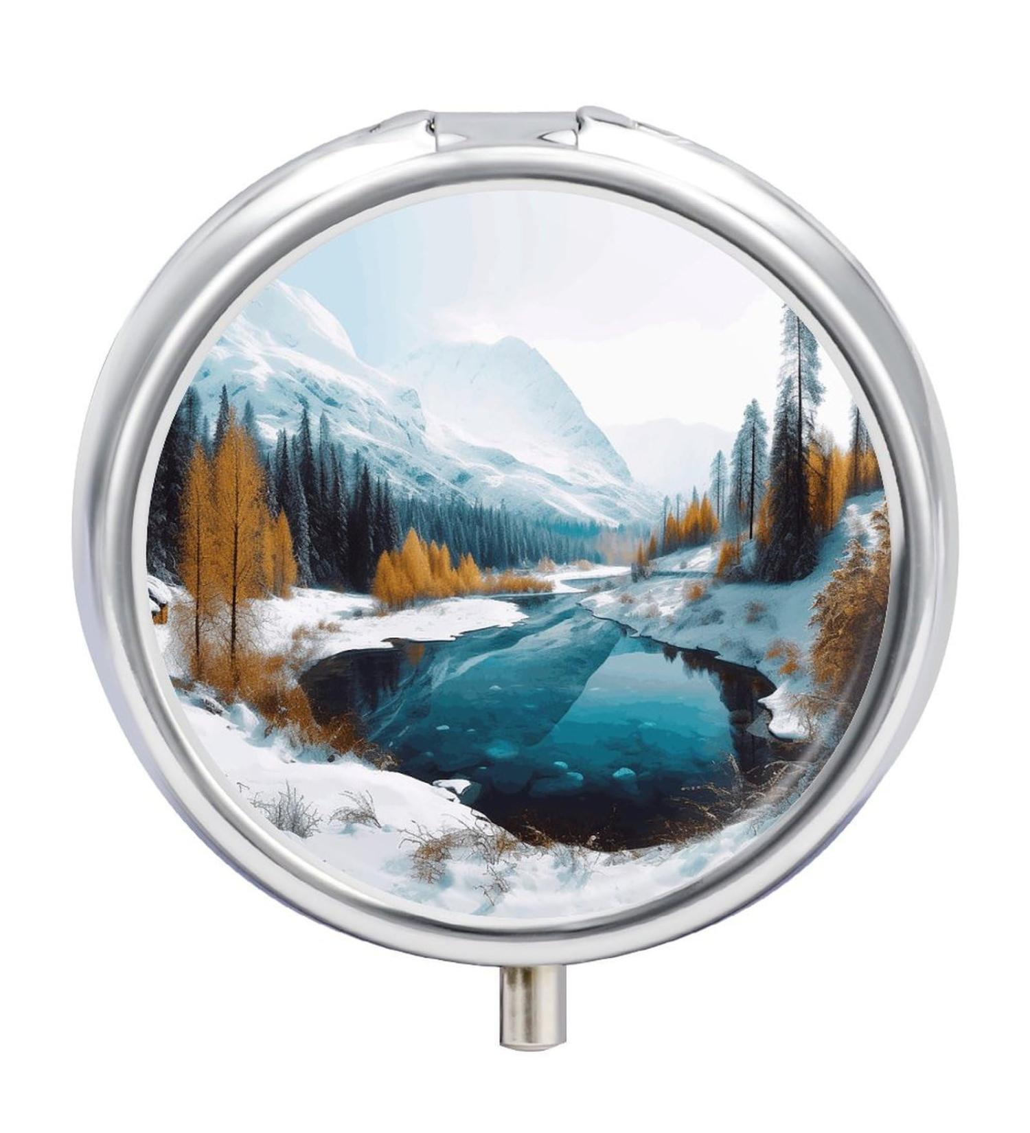 Round Pill Box with Winter Mountains Snow Scene | 3 Compartment Portable Pill Organizer | Decorative Metal Pocket Pill Case - Style 31 - Buy Online on GoSupps.com