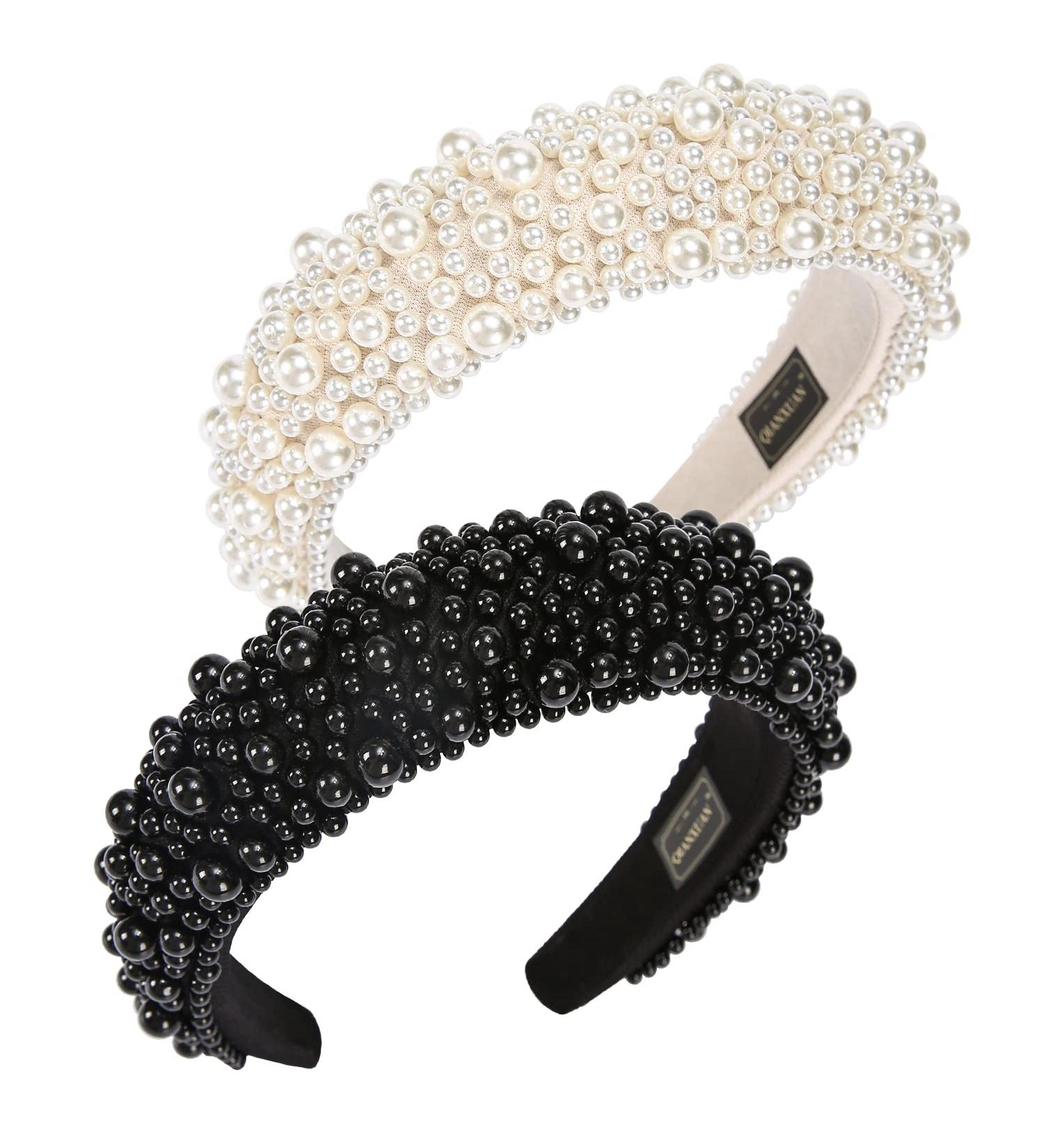 QIANXUAN Fashion Pearl Headband for Women - Elegant Black Padded Headband with Rhinestones and Beading | Wide Hairband Accessory for Girls - Buy Online on GoSupps.com