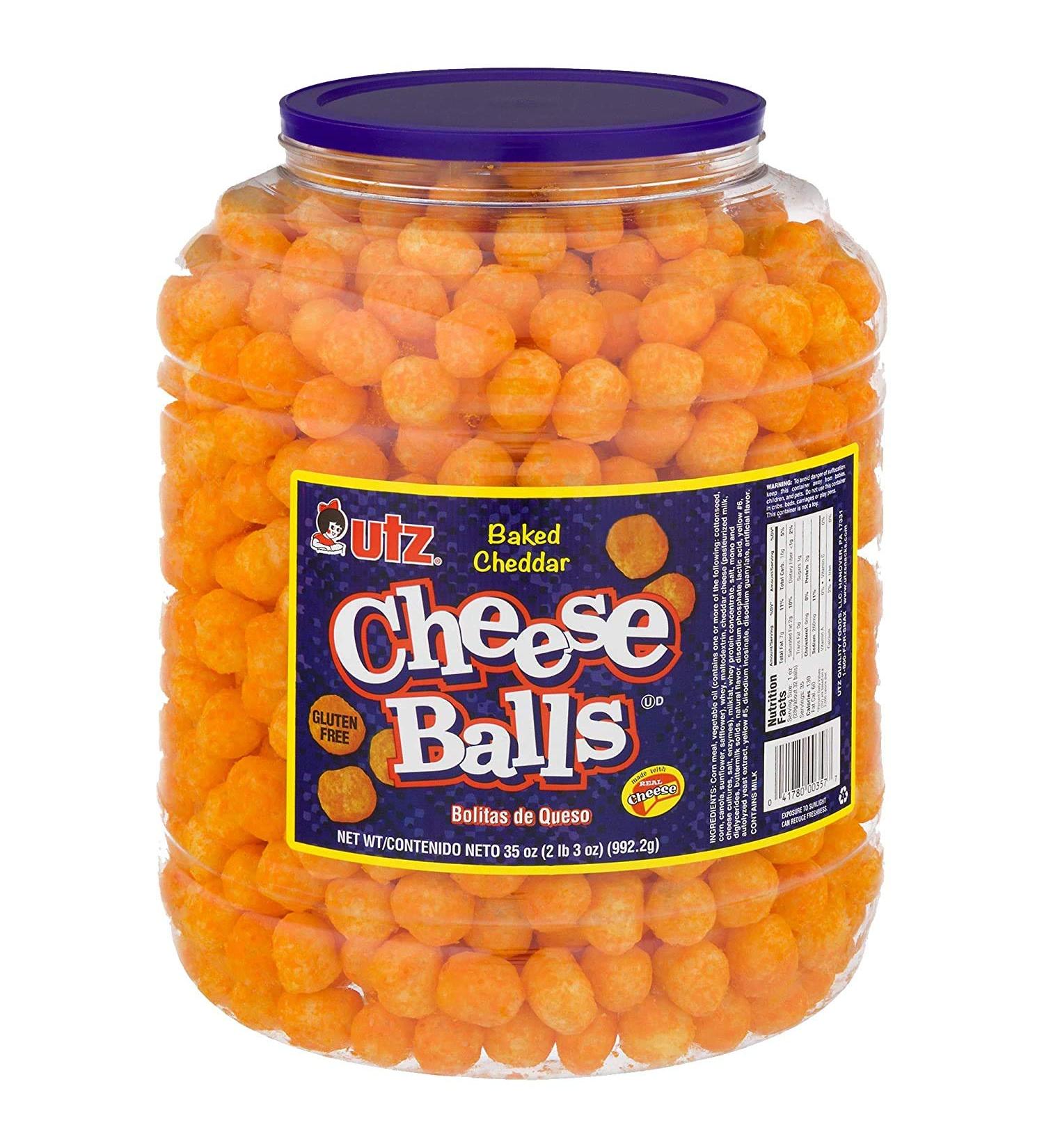 Utz Cheese Balls 35 oz Barrel - Made with Real Cheese, Gluten Free Snack - 2 lbs Resealable Container for Parties - Buy Online on GoSupps.com