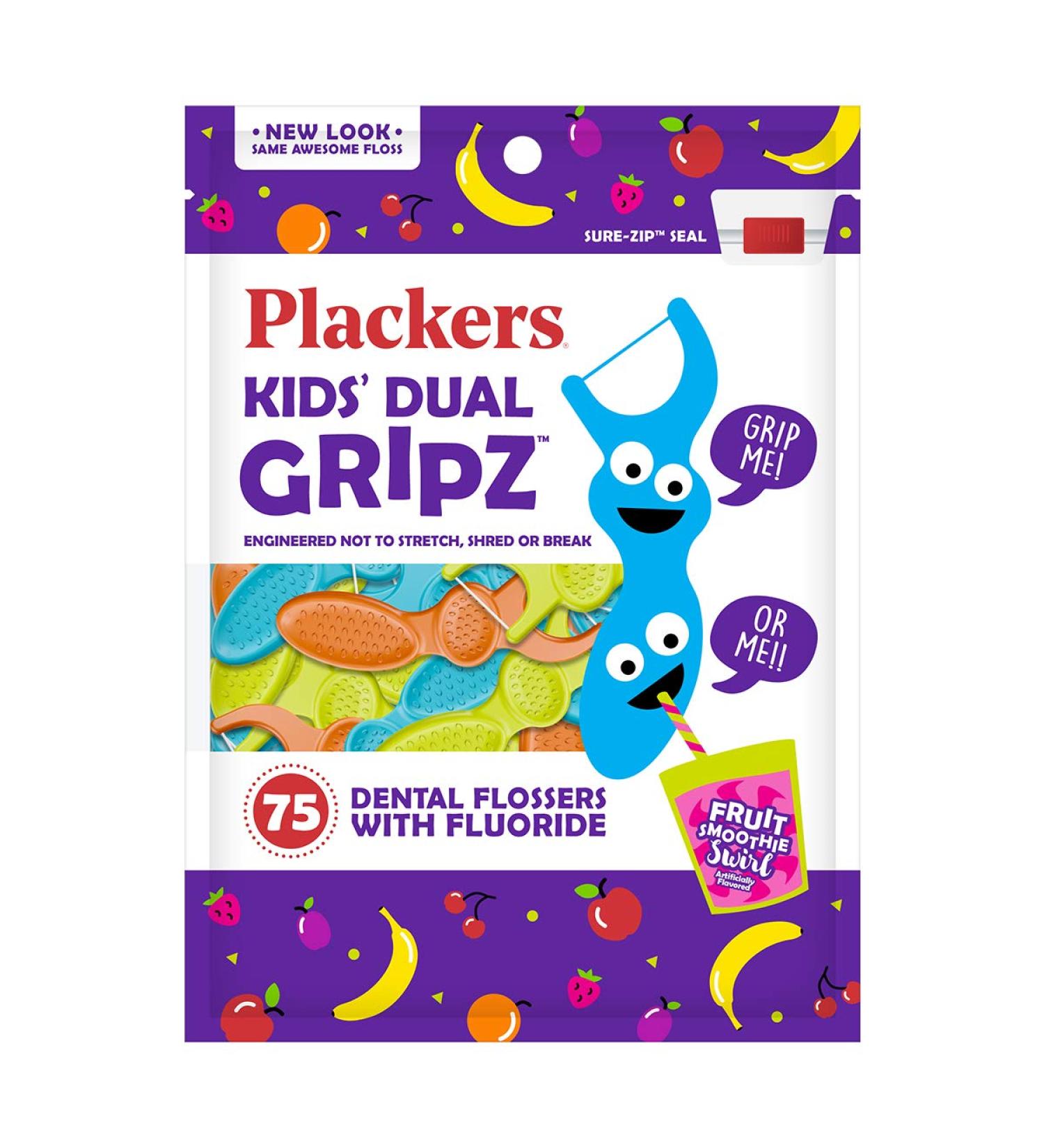 Plackers Kids Dual Gripz Dental Flossers - 75 Count, Fluoride Fruit Smoothie Swirl - Buy Online on GoSupps.com