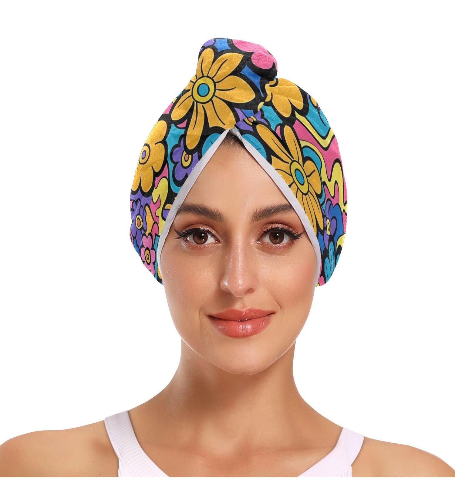 Purple Pink Blue Flowers Hair Towel 2 Pack - Super Absorbent Quick Dry Hair Turbans for Women & Girls - Buy Online on GoSupps.com