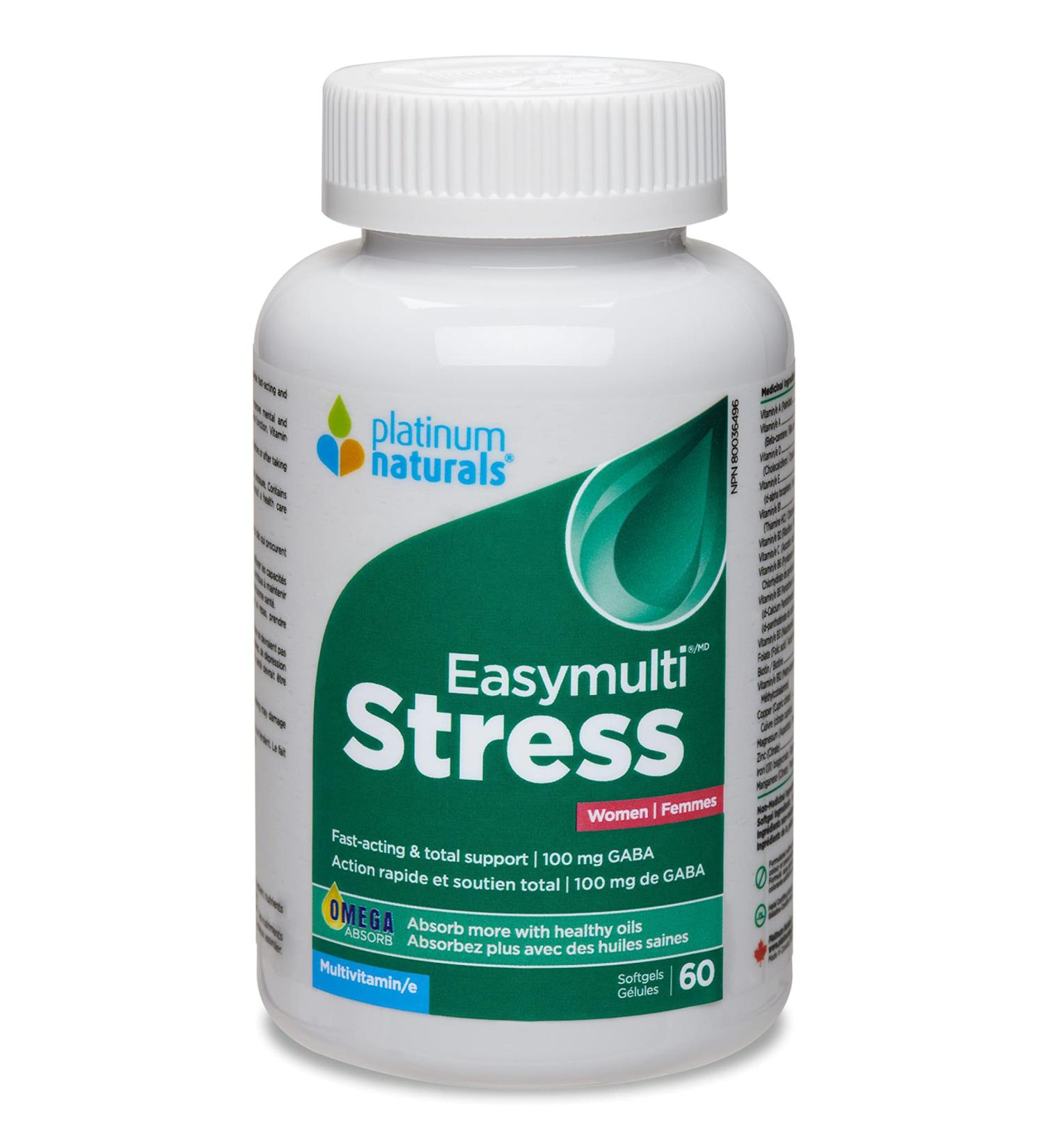 Platinum Naturals Easymulti Stress for Women 60 softgels with Gaba Omega 3 Fish Oil B-Complex Vitamins B1 B2 B3 B5 B6 B12 Vitamin D3 & More - Comprehensive Multivitamin for Stress Support 60 count (Pack of 1) - Buy Online on GoSupps.com