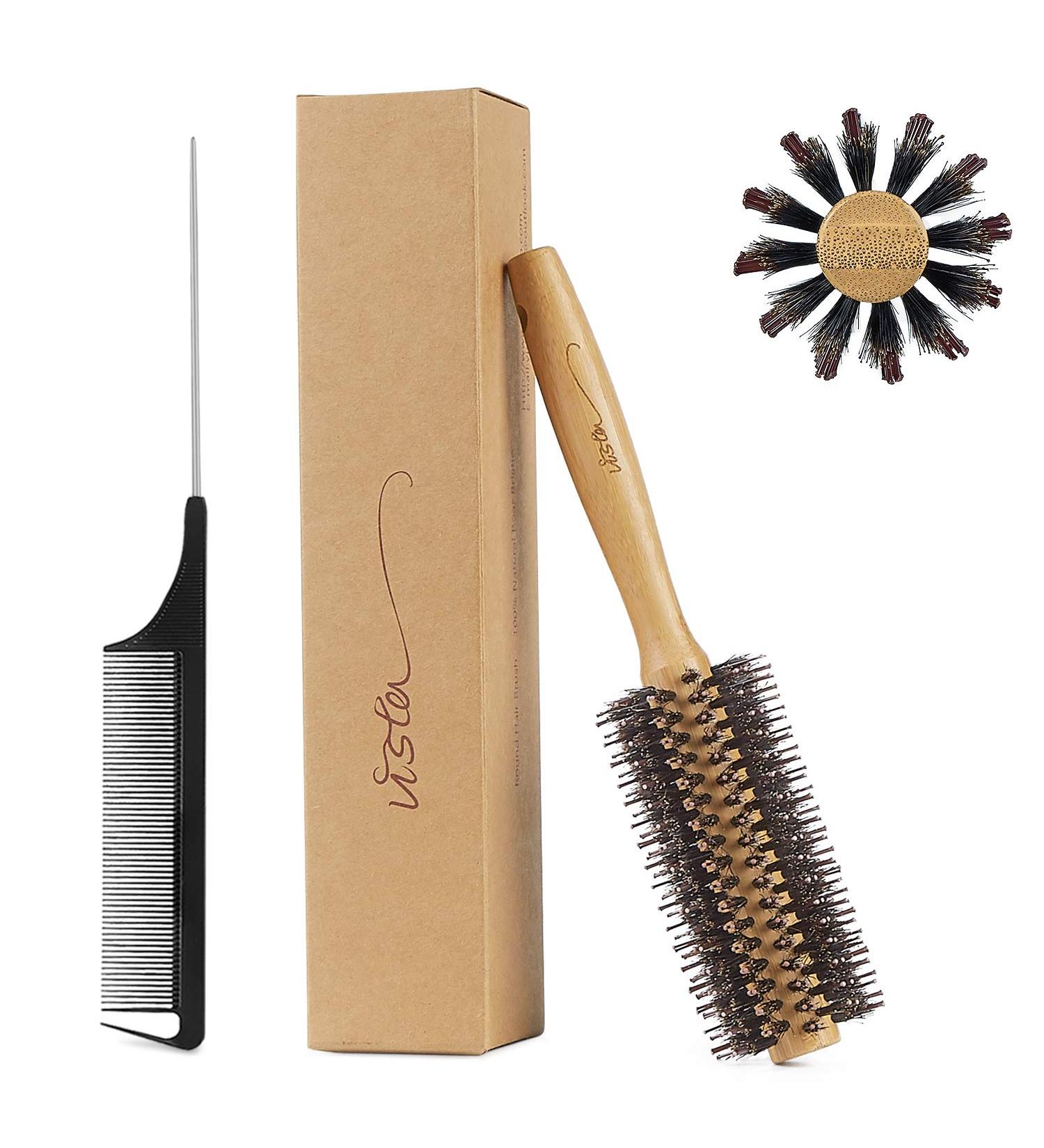 Round Bamboo Boar Bristle Hair Brush with Pin Tail Comb - for Women, Wet or Dry Hair, Detangling and Smoothing - Buy Online on GoSupps.com