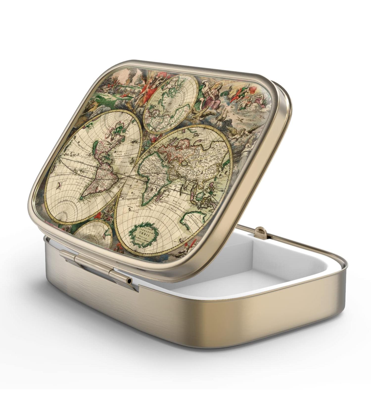 Vintage Map Bronze Pill Box with Mirror - Retro 2-Compartment Organizer for Vitamins & Supplements | F-18 Design - Buy Online on GoSupps.com