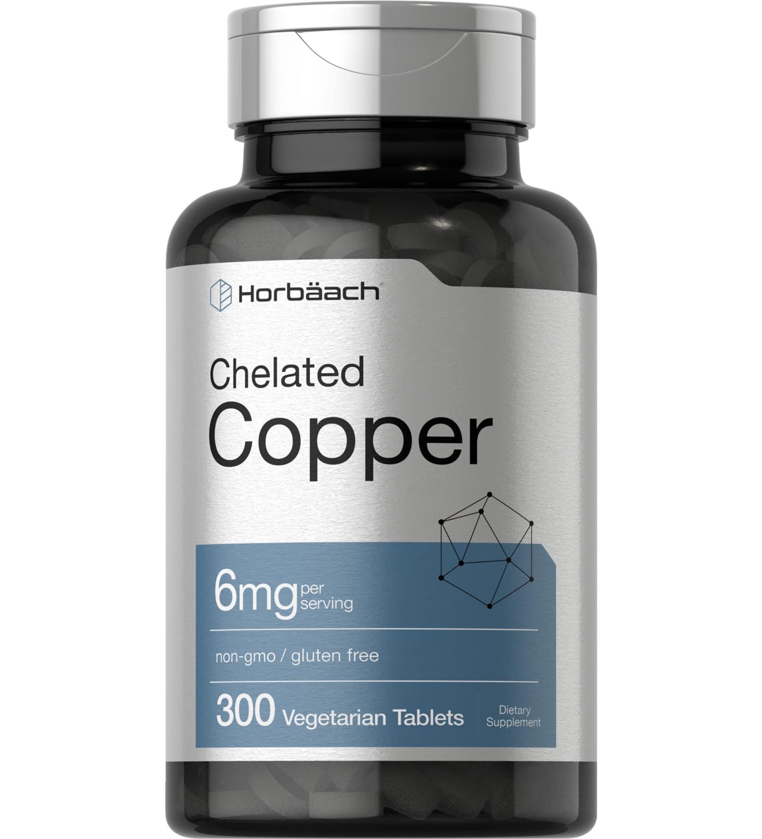 Chelated Copper 6mg Supplement | 300 Vegetarian Tablets | Non-GMO & Gluten-Free | Horbaach - Buy Online on GoSupps.com