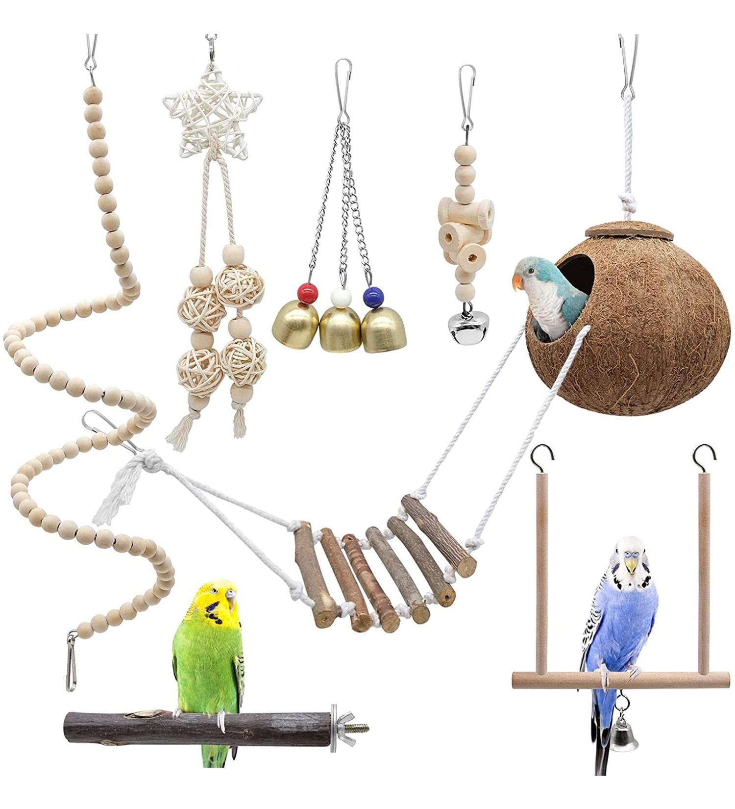 Eunewr Bird Toys for Parrots - 7-Piece Wooden Swing & Climbing Hammock Set for Conures Macaws & Finches - Perfect for Your Feathered Friends! - Buy Online on GoSupps.com