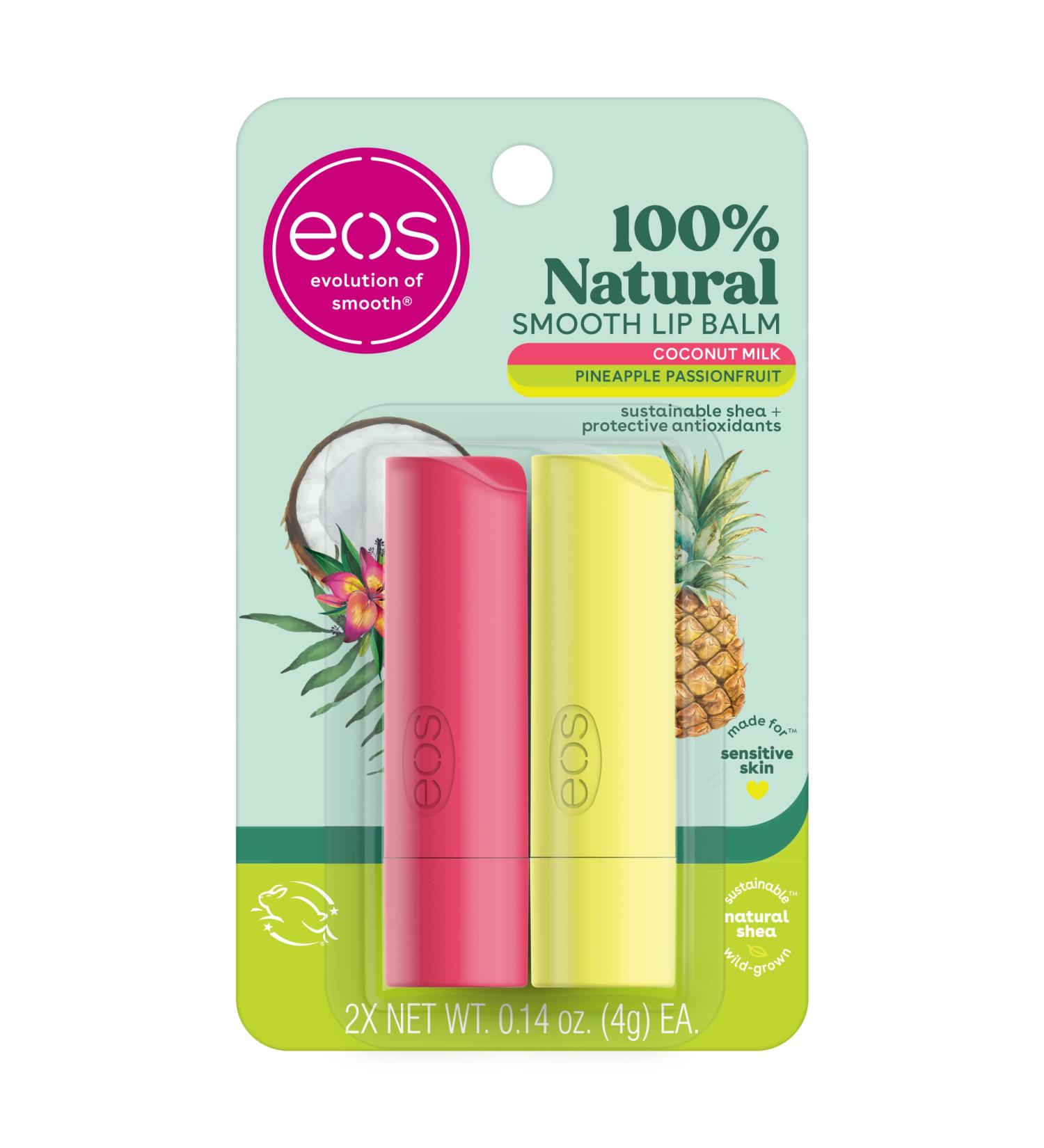 EOS Super Soft Sheer Lip Balm Coconut Milk & Pineapple Passion Fruit | 24-Hour Hydration | Moisture for Dry Lips | Gluten-Free | 4G | 2 Pieces - Buy Online on GoSupps.com