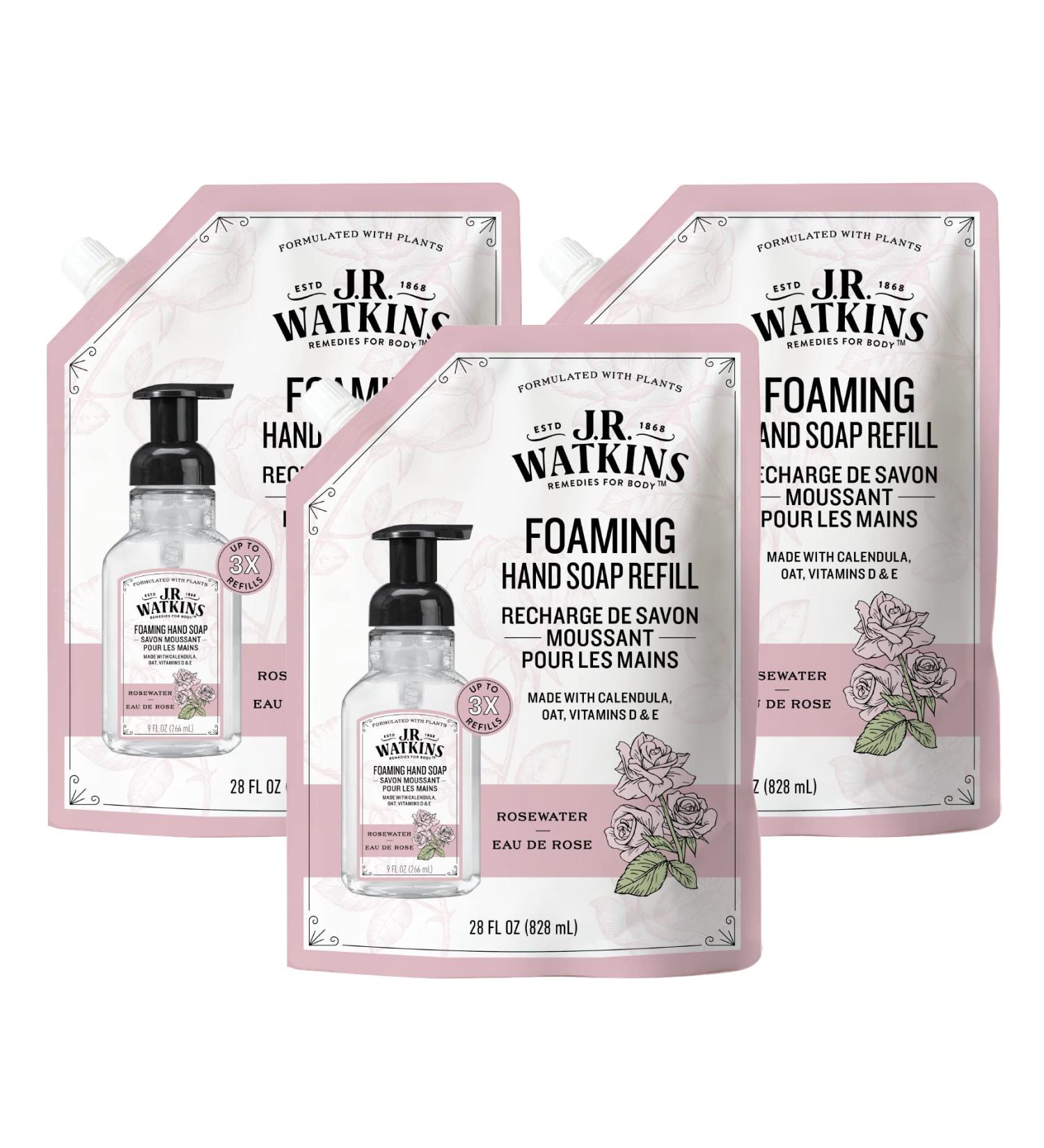 J.R. Watkins Rosewater Foaming Hand Soap Refill 28 fl oz - Pack of 3 | All Natural, Alcohol-Free, Cruelty-Free, Moisturizing, USA Made | For Bathroom or Kitchen - Buy Online on GoSupps.com