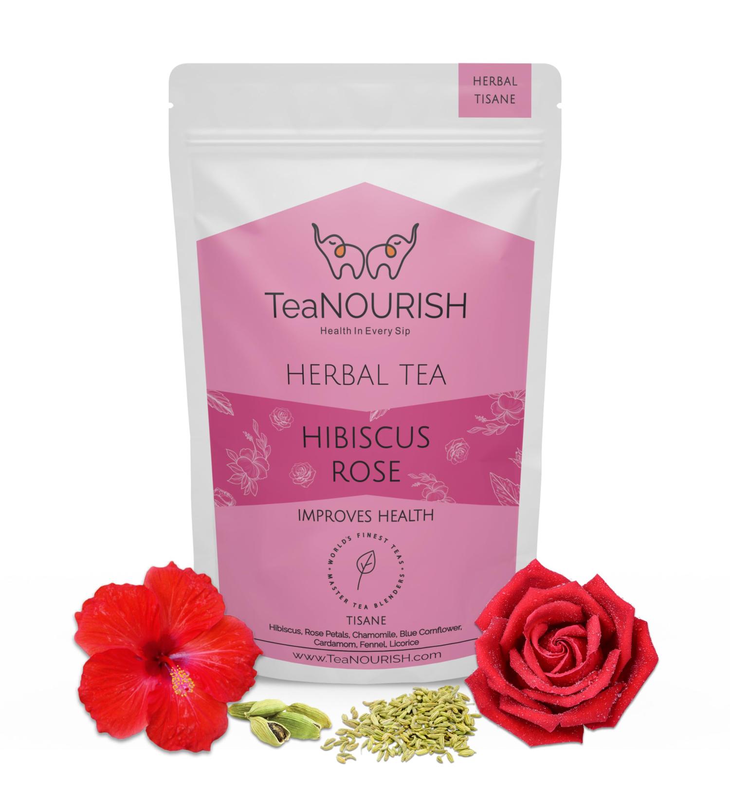 Teanourish Hibiscus Rose Herbal Tea - Caffeine-Free 100% Natural Blend of Hibiscus Rose Chamomile & More - Brew Hot or Iced - 50g Pack - Buy Online on GoSupps.com