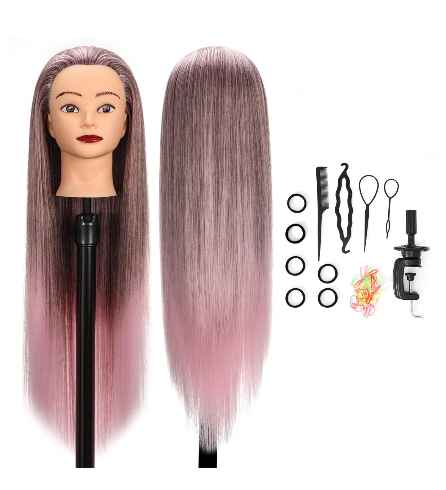 Guanjune Hairdresser Training Head - 26-28 Inch Synthetic Fiber Doll Head with Clamp Holder & Accessories | Color Gradient Pink | Ideal Gifts for Girls - Buy Online on GoSupps.com