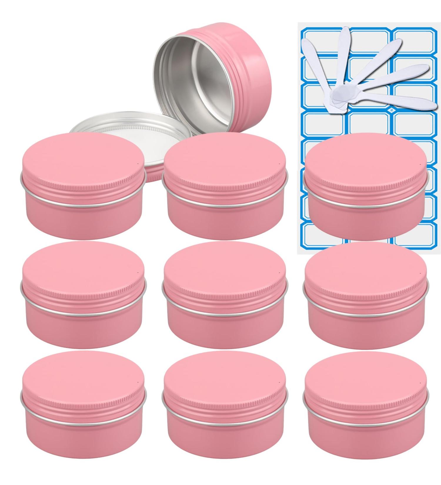 Zeoabsy 10-Piece Pink Aluminum Screw-Top Cream Box Set | 80ml Canisters for Cosmetics Candles and Ointments - Includes 5 Spoons and 1 Label - Buy Online on GoSupps.com