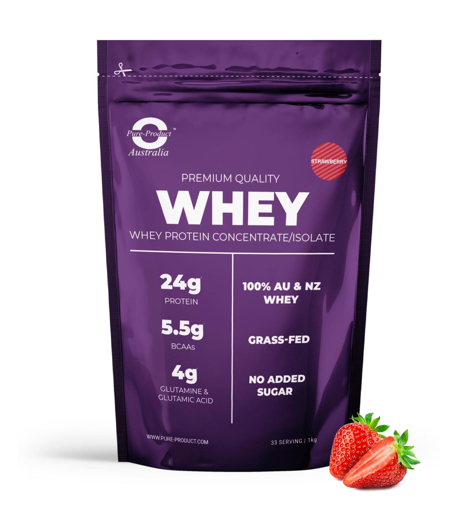 Pure Product Australia - Whey Protein Concentrate & Isolate - Premium Grass Fed AU & NZ Whey - 24g Protein per Serve - Non GMO - 2kg (4.4 lbs) - Strawberry