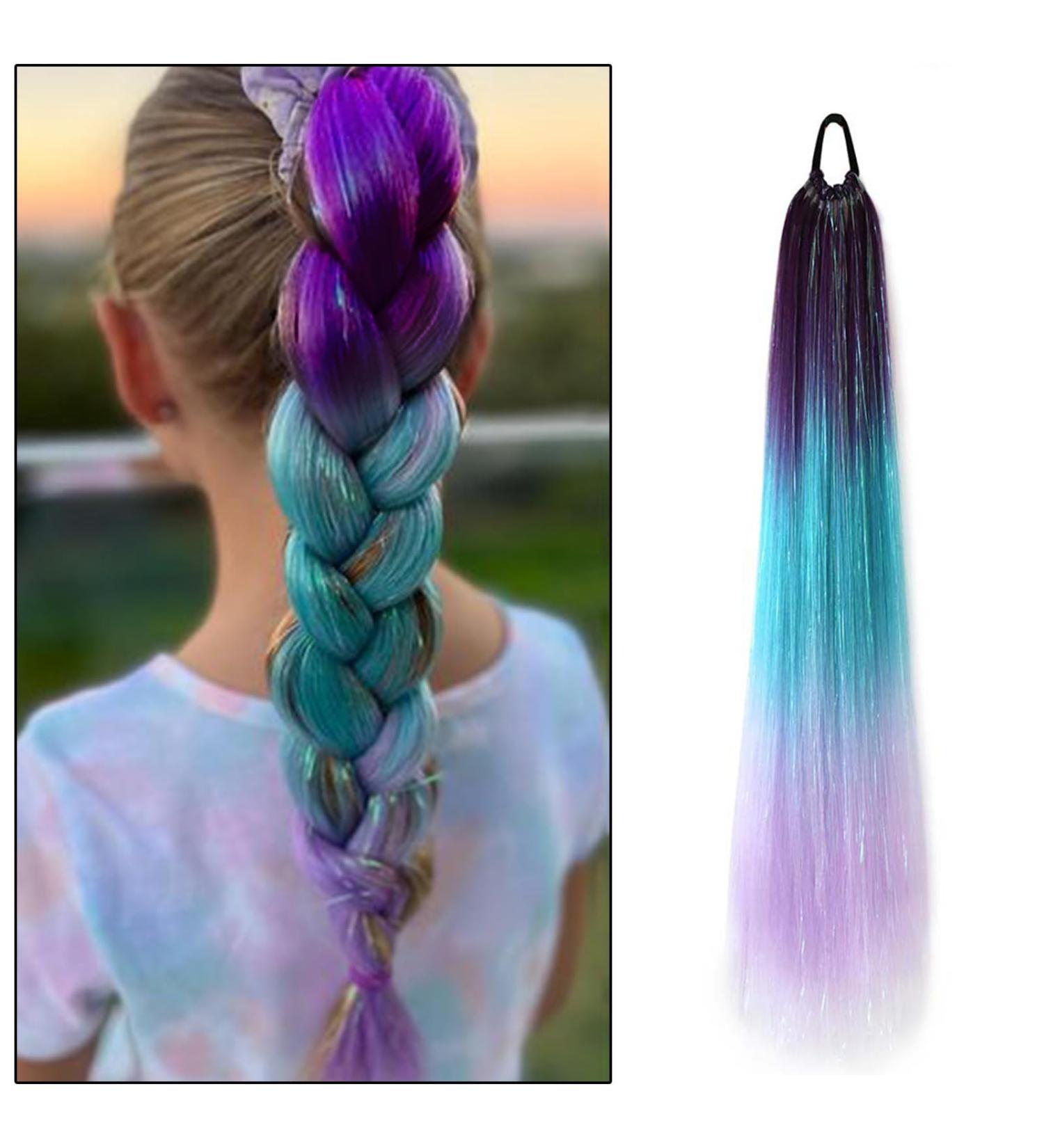 Rainbow Ponytail Hair Extensions 27.5 Inch 100g Coloured Hair Extensions for Braiding Coloured Glitter Straight Synthetic Hair Extensions for Women Girls Hair Accessories (Purple Blue Purple) - Buy Online on GoSupps.com