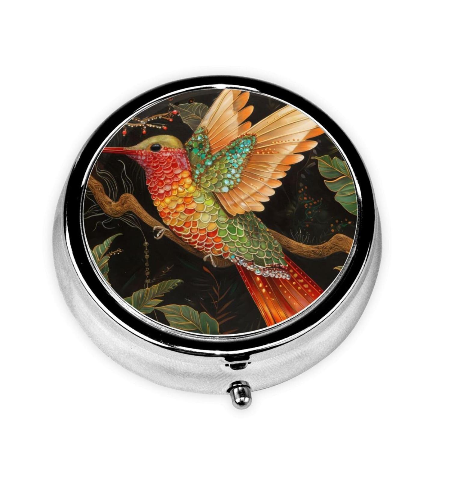 Colorful Hummingbirds Portable Metal Pill Box - Round Mini 3-Compartment for Travel - Perfect for Small Pills - Buy Online on GoSupps.com
